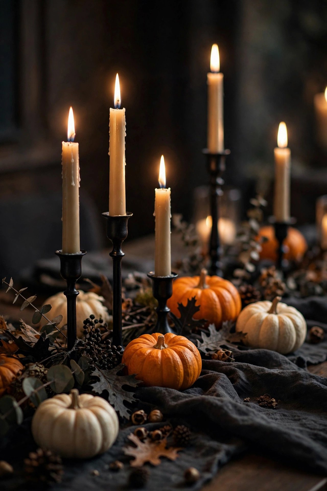 Halloween dining room decor hero shot — candlelit tablescape close-up with black candlesticks, lit ivory tapers, mini orange and cream pumpkins, and dark linens glowing in candlelight