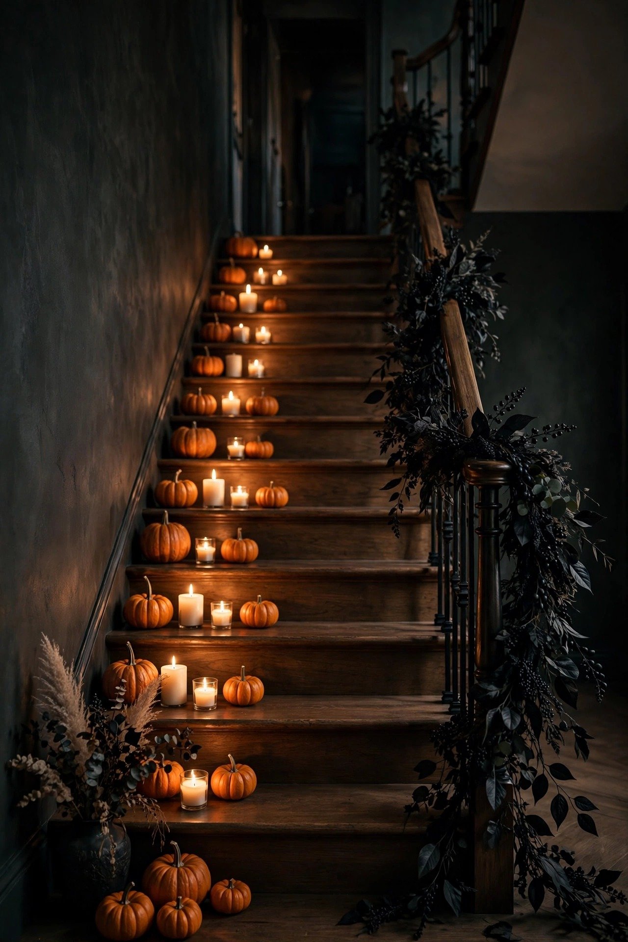 Candlelit Halloween staircase with black garland draped over the banister, mini pumpkins and glowing candles on the steps
