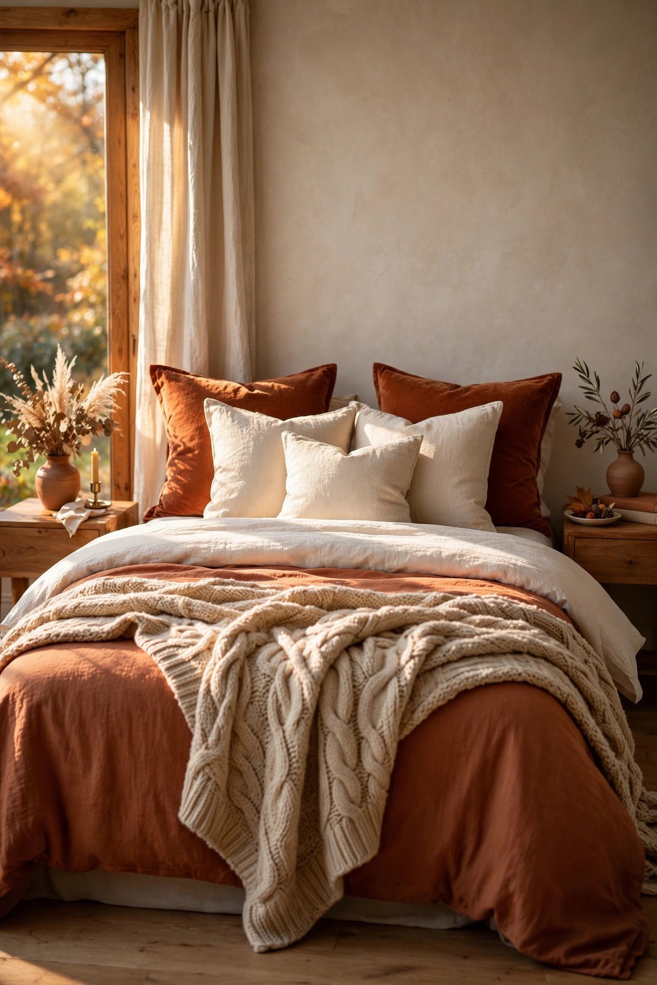 Cozy fall bedroom hero shot with layered rust and cream bedding, chunky knit throw across the foot of the bed, and warm autumn sunlight streaming through the window
