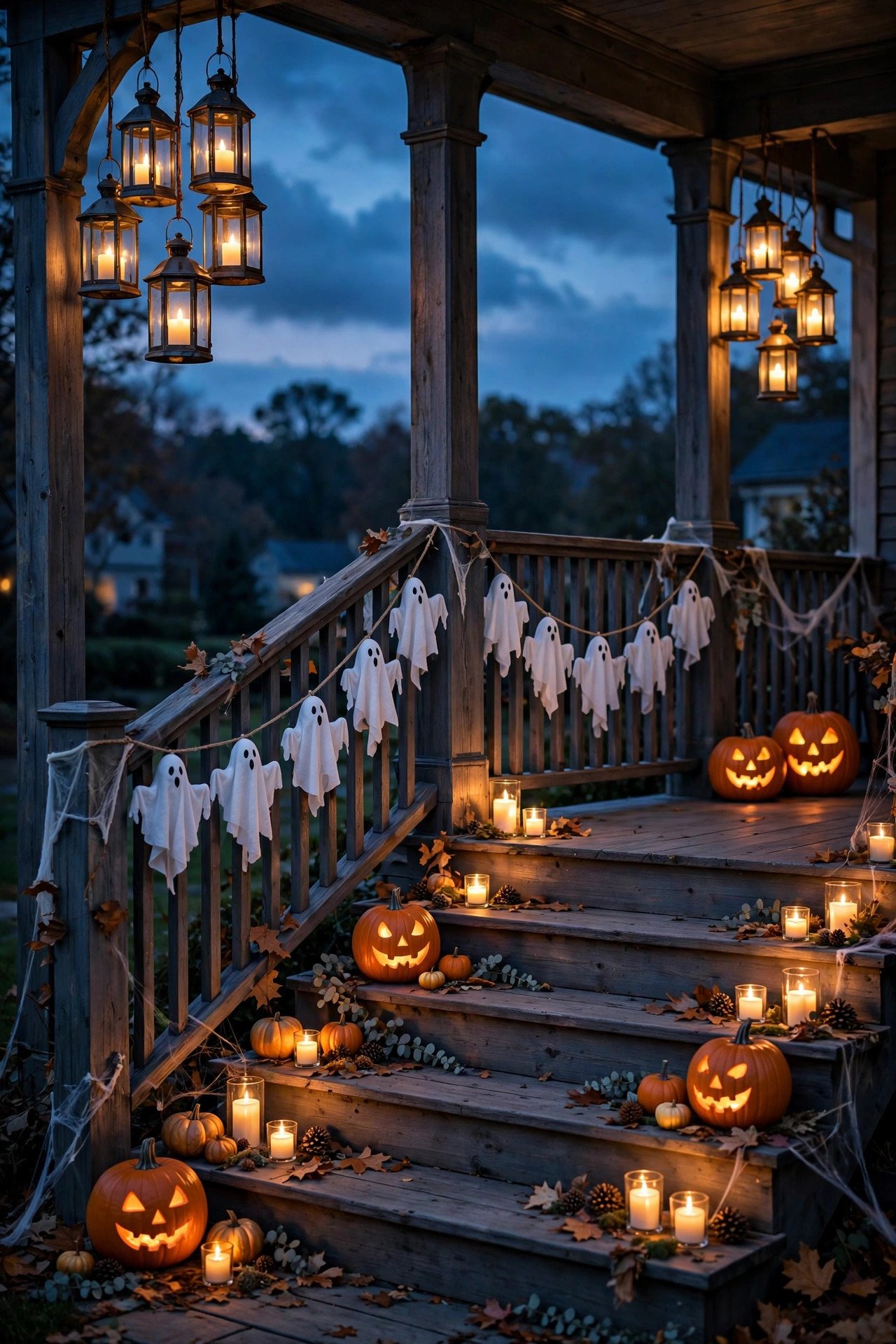 Spooky porch steps at dusk with glowing lanterns, a white ghost garland on the wooden railing, and carved jack-o'-lanterns glowing on the stairs