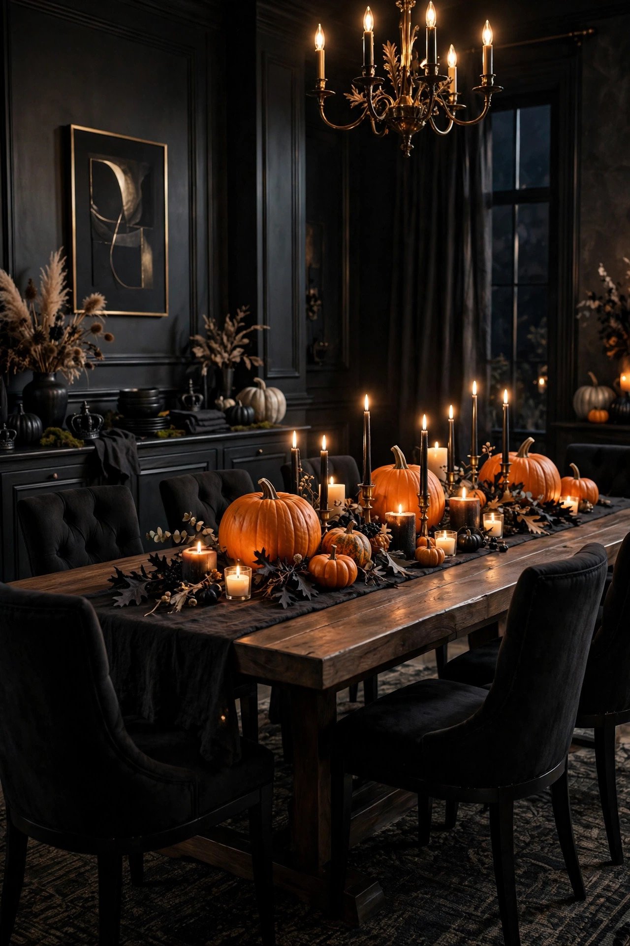 Halloween dining room decor wide shot — elegant dining room with black upholstered chairs, long wooden table with orange pumpkin centerpieces, dark linen tablecloth, and candlelight glow