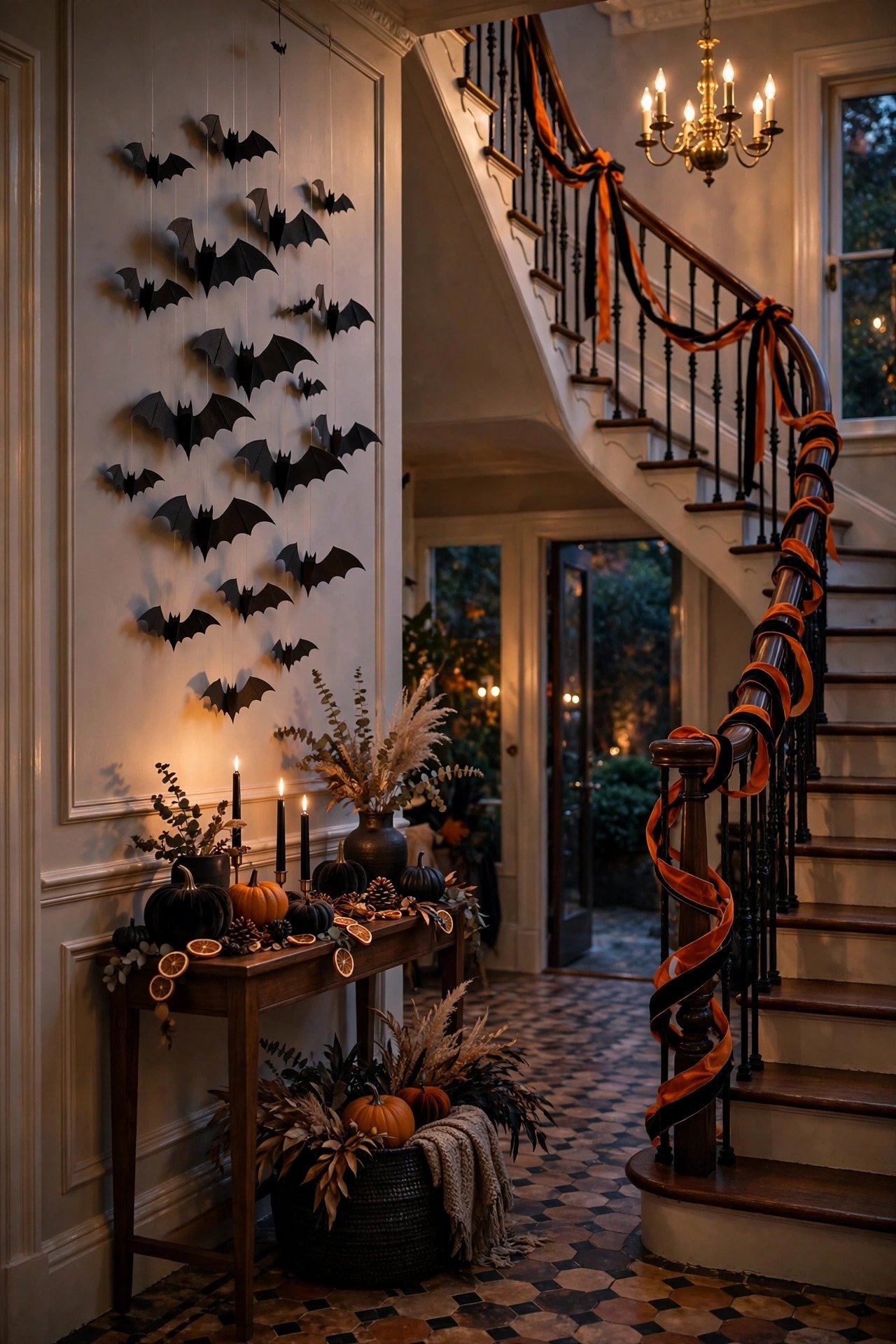 Elegant foyer staircase wrapped in orange and black ribbon with hanging paper bats on the wall