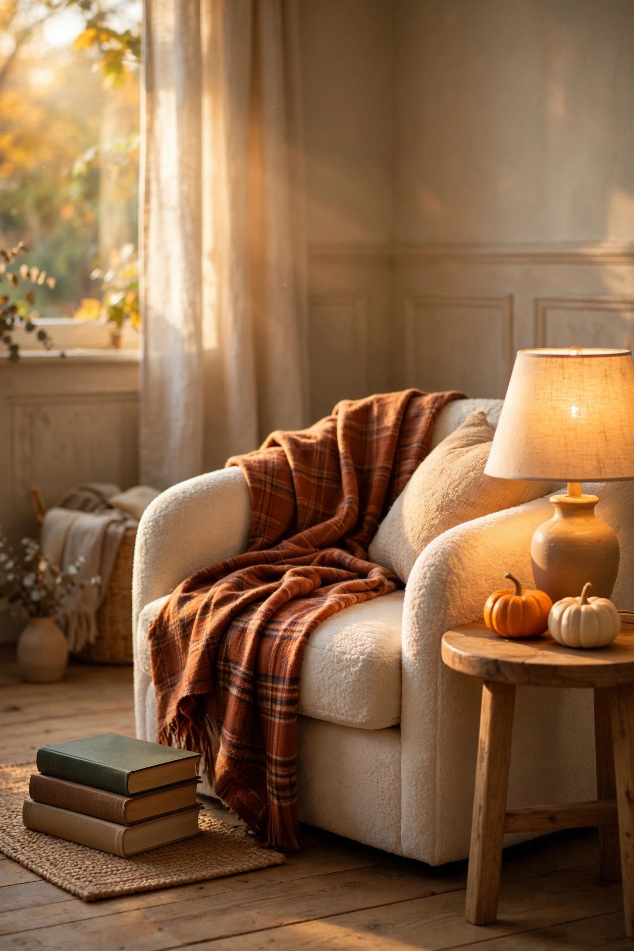 Cozy fall bedroom reading corner with armchair, plaid throw blanket, small side table with glowing lamp and mini pumpkins, and warm window light