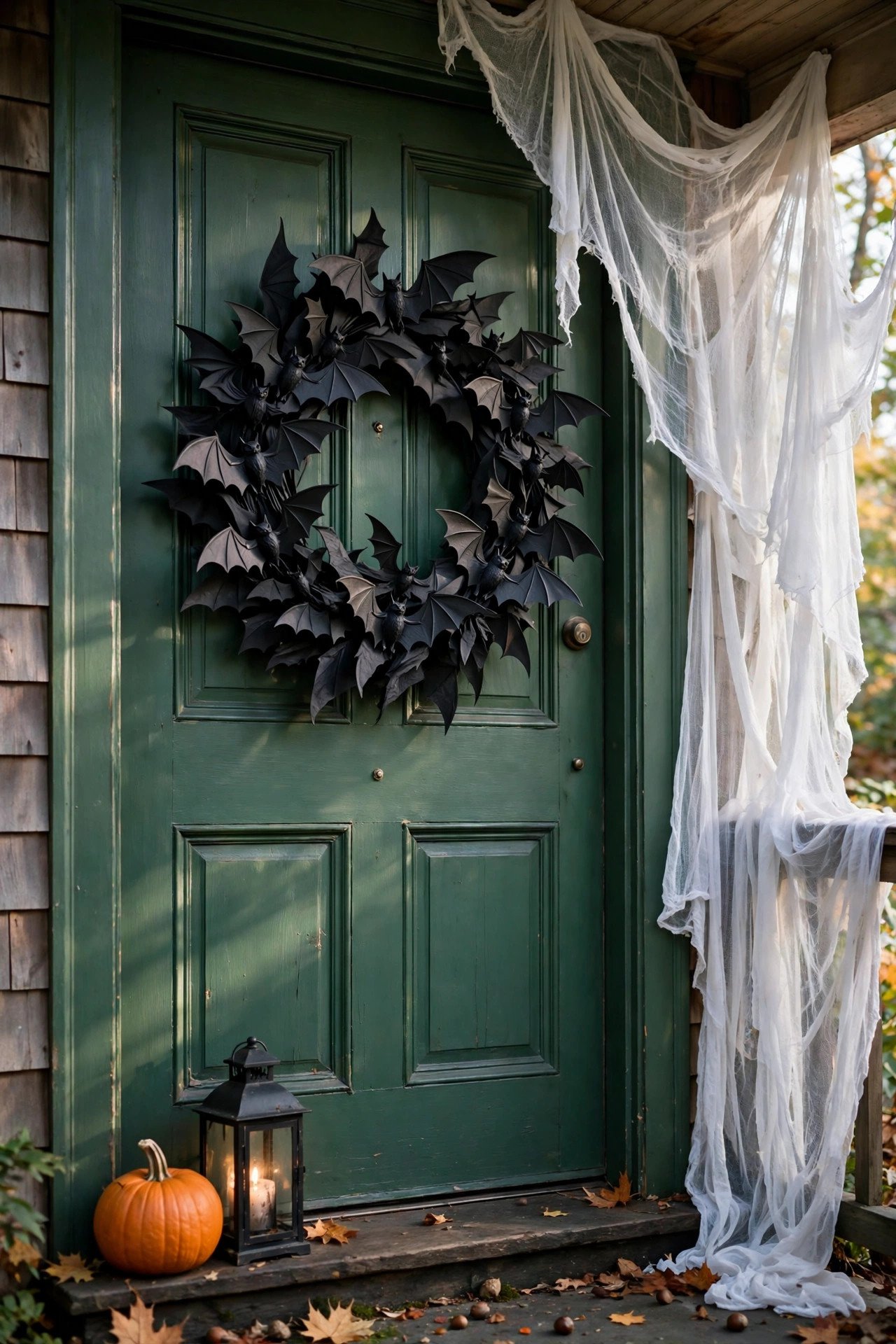 Close-up of a black bat wreath on a forest-green front door, with white gauzy ghost fabric draped from the porch ceiling and a glowing lantern on the doorstep