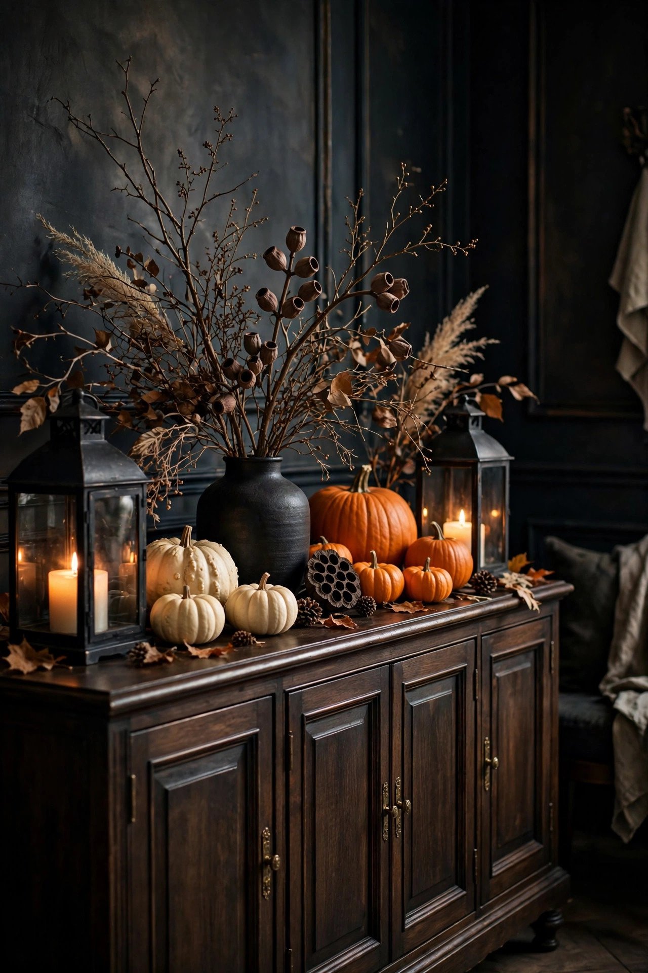 Halloween dining room decor sideboard vignette — dark wood sideboard styled with cream and orange pumpkins, black lanterns with lit candles, and dried branches in a matte black vase