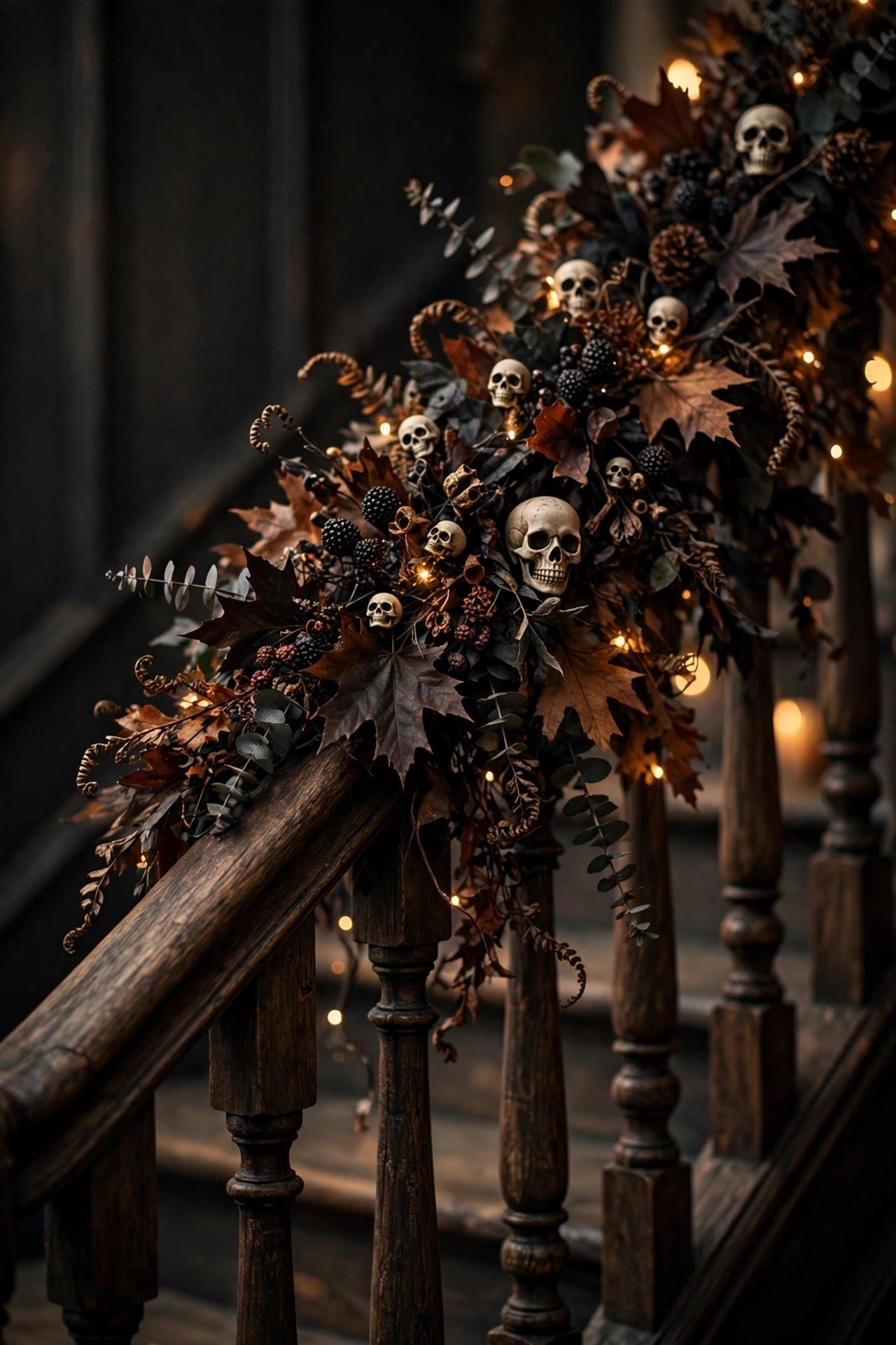 Close-up of stair railing swagged with dark autumn foliage, fairy lights and small skull accents
