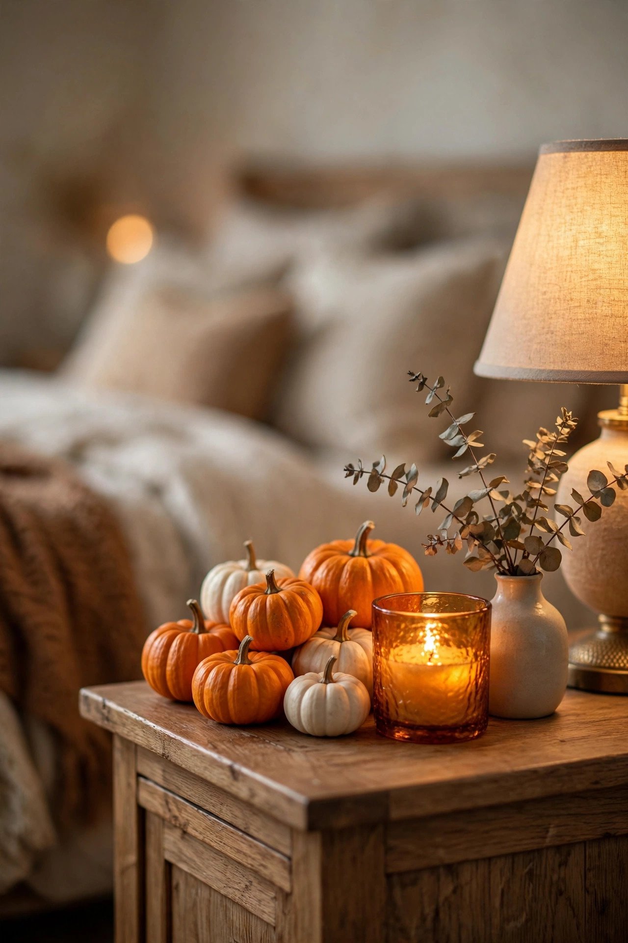 Fall bedroom nightstand styled with mini pumpkins, a glowing amber candle, dried eucalyptus in a vase, and a warm bedside lamp