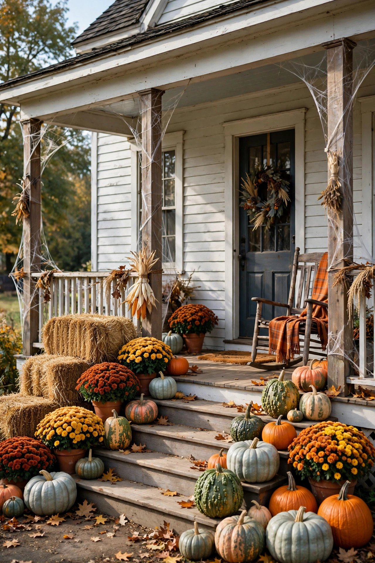 Farmhouse Halloween porch decor with hay bales, colorful mums, heirloom pumpkins and gourds on the steps, and a rocking chair with an orange plaid throw
