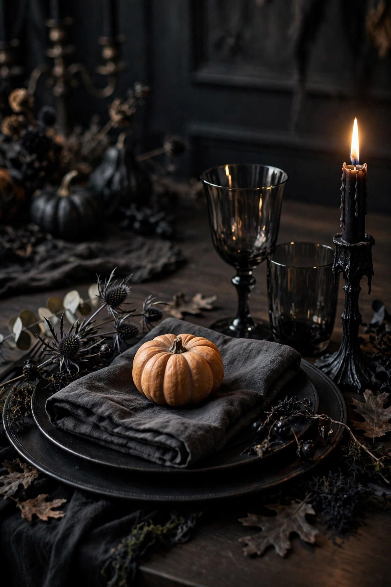 Halloween dining room decor place-setting detail — charcoal linen napkin on a black charger, gothic dark glassware, mini pumpkin on the plate, and a lit black candle holder