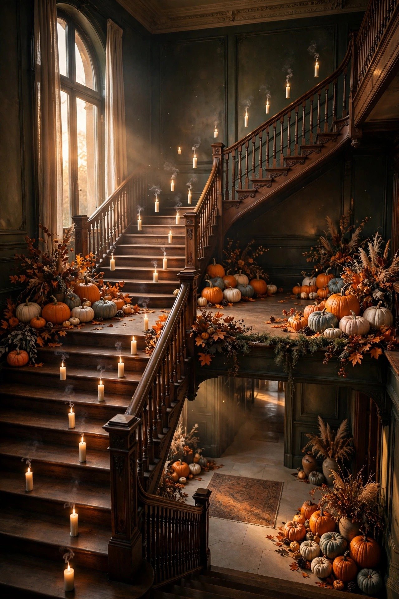 Grand staircase with floating candles above the steps and pumpkin clusters on the landing