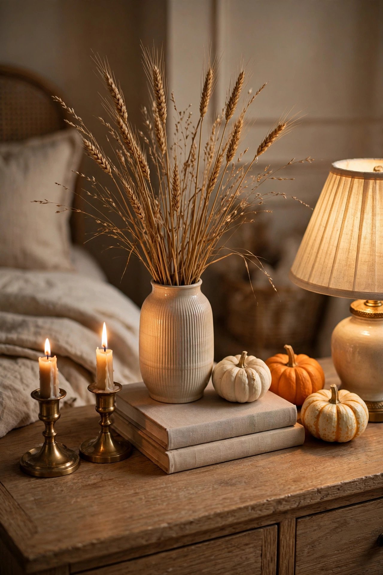Cozy fall bedroom dresser top with brass candle holders, dried wheat in a vase, stacked books, and small pumpkins in warm lamplight