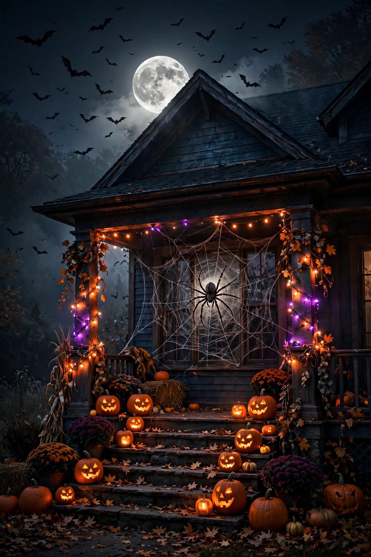 Moonlit Halloween porch at night with glowing jack-o'-lanterns on stone steps, a giant spiderweb with a spider on the window, purple and orange string lights, and bats under a full moon