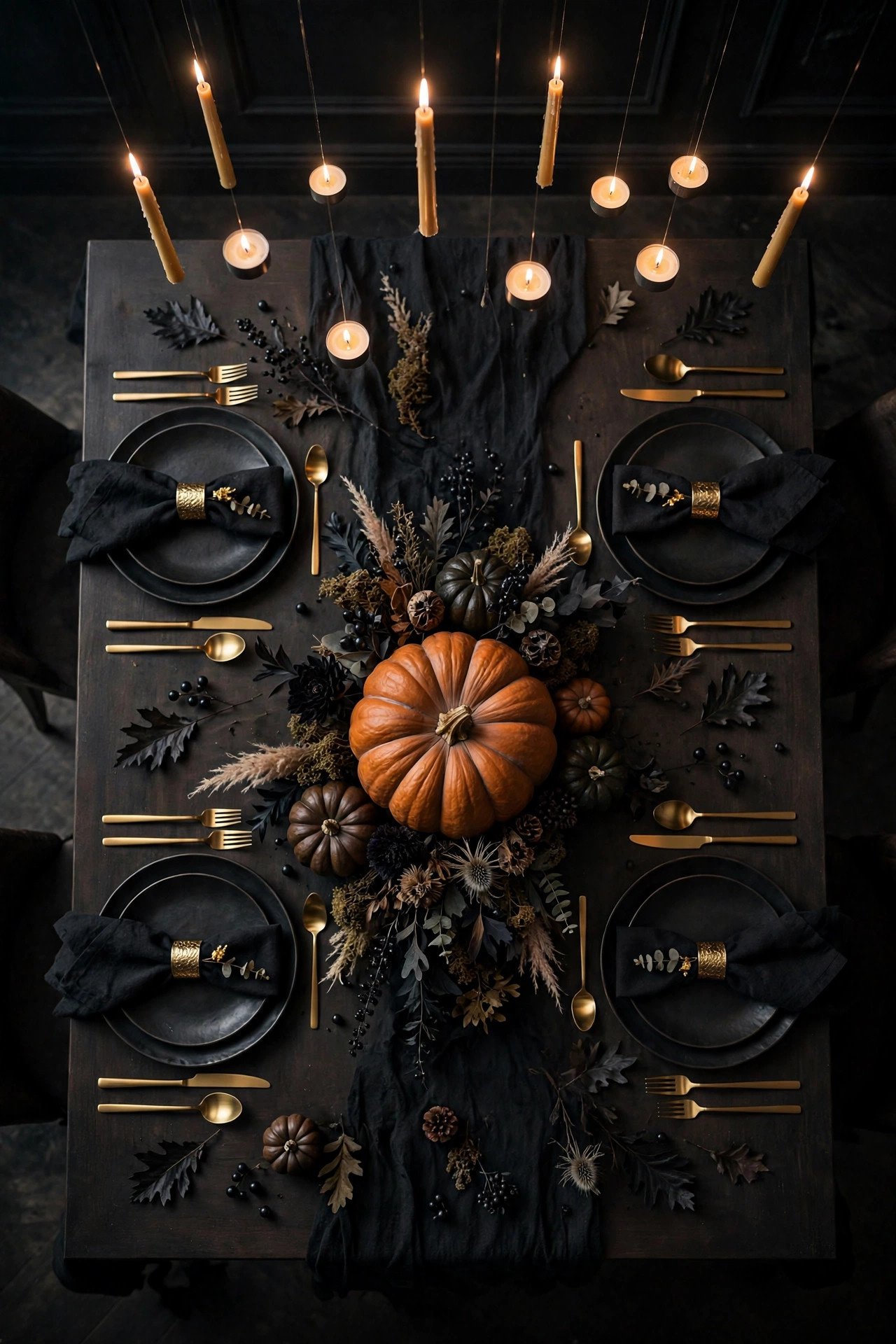 Halloween dining room decor overhead view — floating candles suspended above a candlelit tablescape, pumpkin centerpiece and dark place settings seen from above