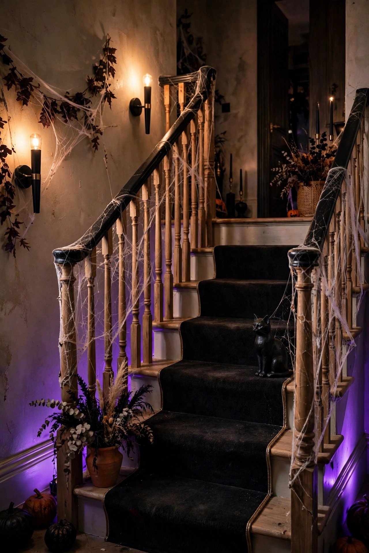 Spooky-chic staircase with spiderweb-draped balusters, purple uplighting and a black cat figurine on a step