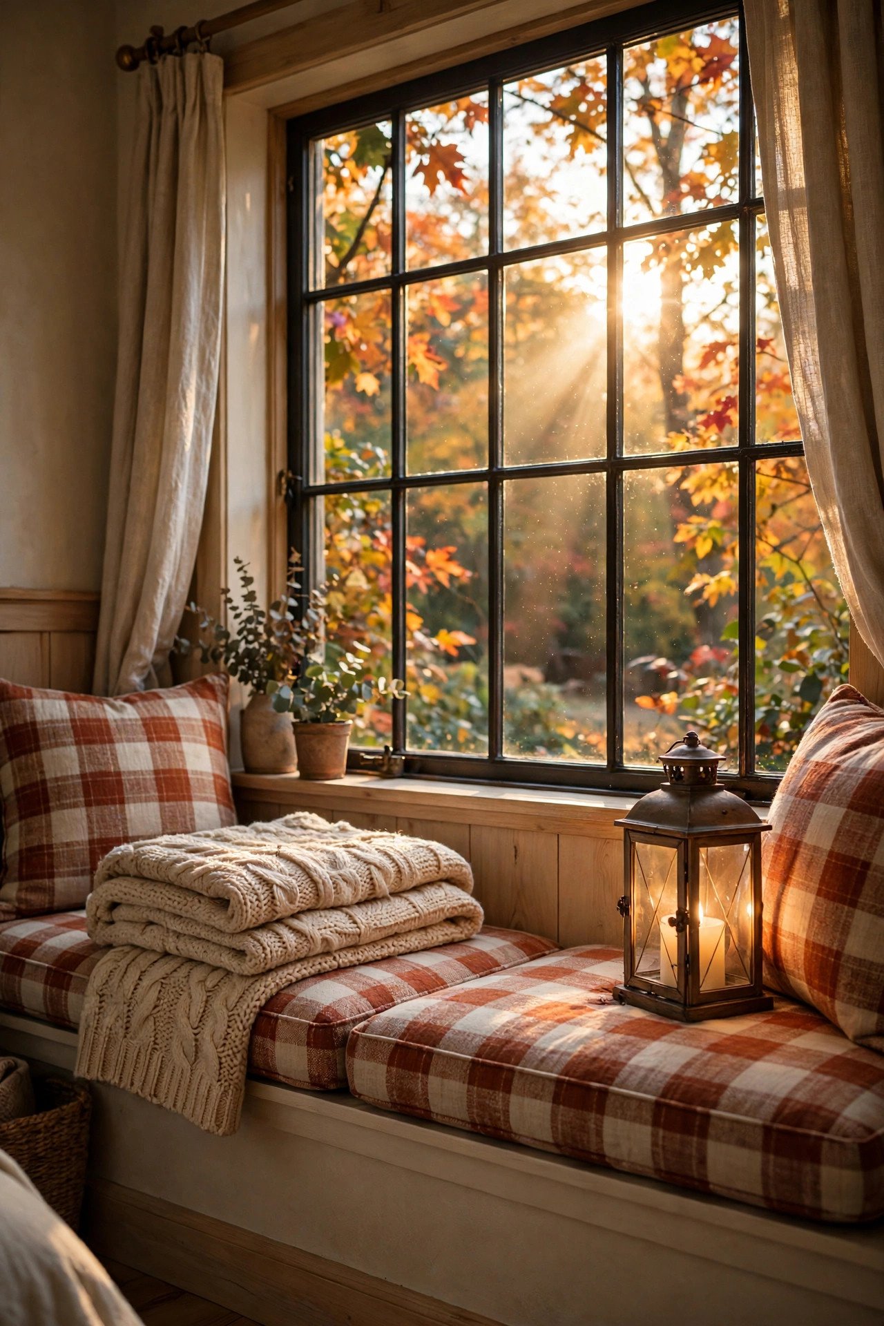 Fall bedroom window seat with plaid cushions, knit blanket, glowing lantern, and autumn leaves visible outside the window