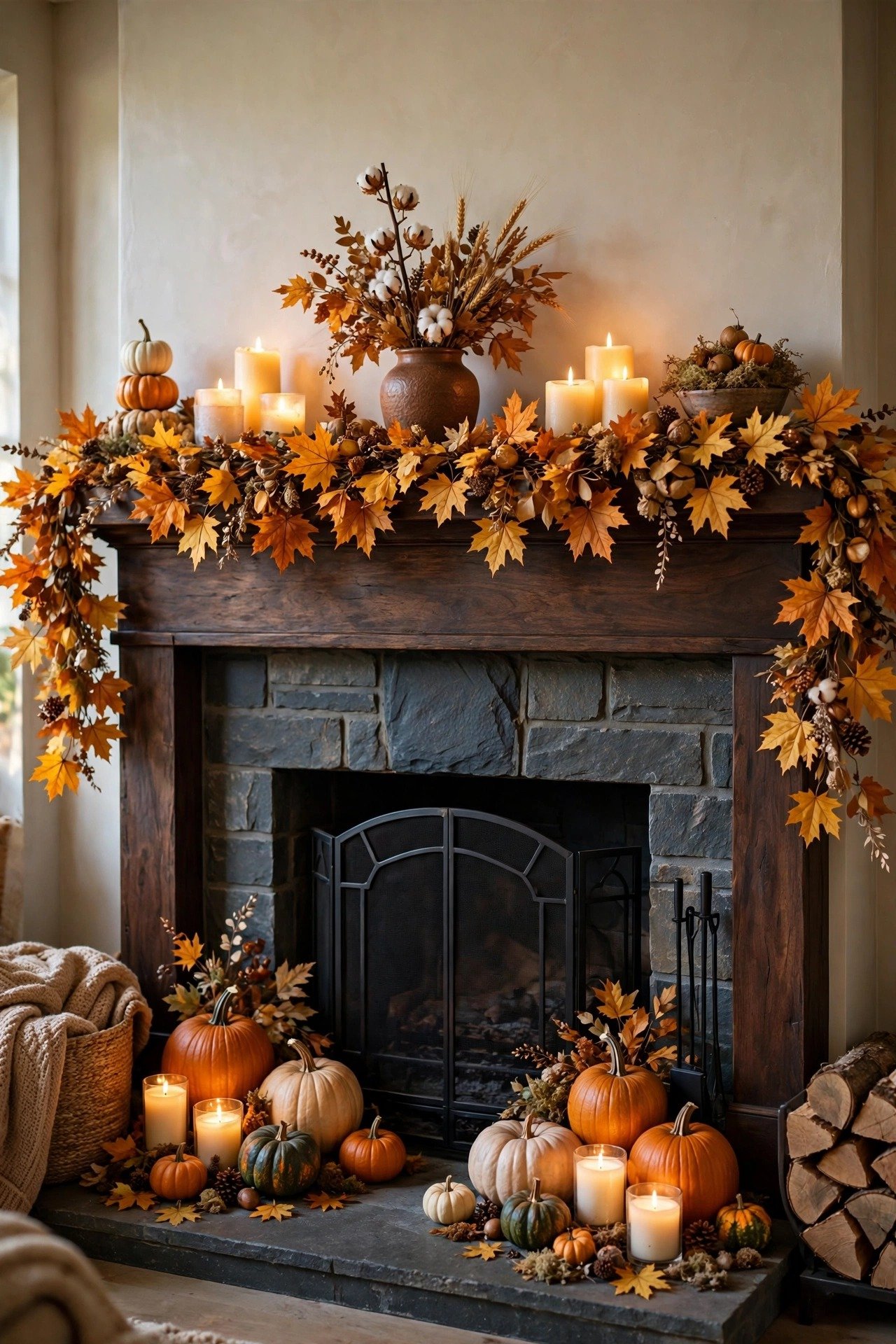 Fall mantel decor hero shot — wide dark wood fireplace mantel draped with a full orange and gold maple leaf garland, clusters of pumpkins on the hearth, and glowing pillar candles