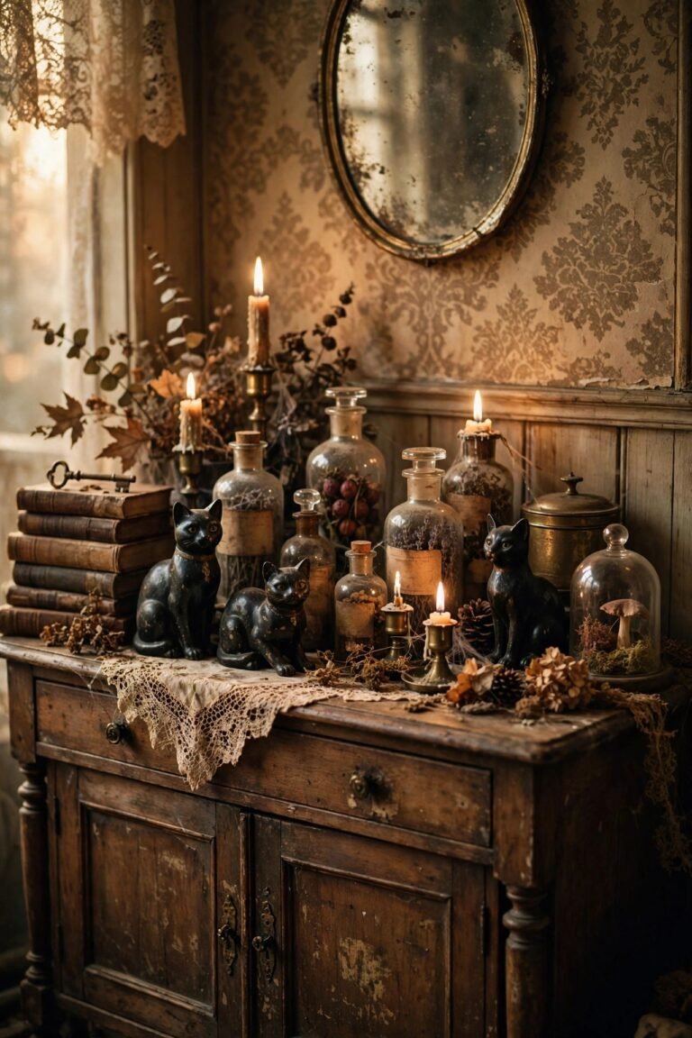 Vintage parlor sideboard styled for Halloween with antique black cat figurines, aged apothecary bottles and flickering candles