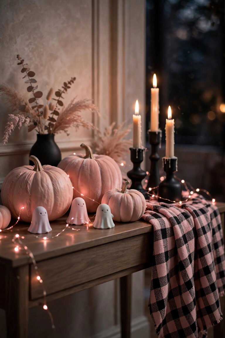 Spooky-chic pink Halloween decor hero shot — blush pink pumpkins, pastel ghost figurines, and pink fairy lights arranged on an elegant console table with black accents