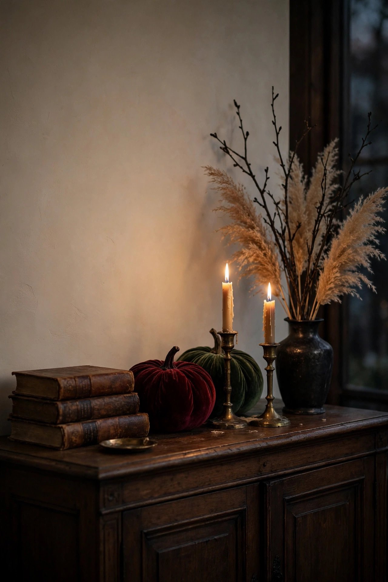 Moody halloween decor sideboard vignette with burgundy and forest green velvet pumpkins, aged brass candleholders, vintage books, and dried botanicals in dim evening light