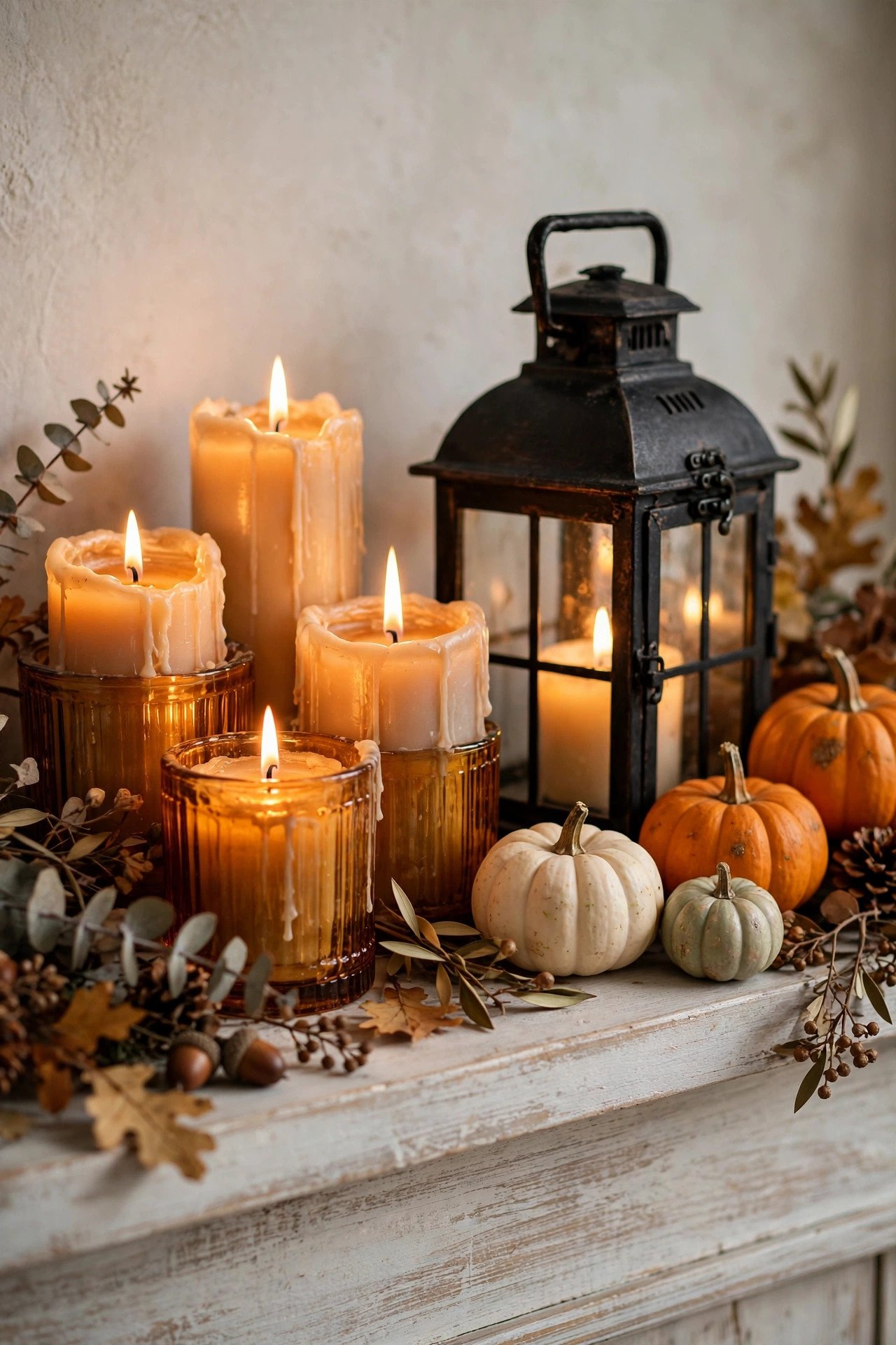 Fall mantel decor close-up — cluster of flickering pillar candles in amber glass holders and a black lantern with small pumpkins on a whitewashed wood mantel