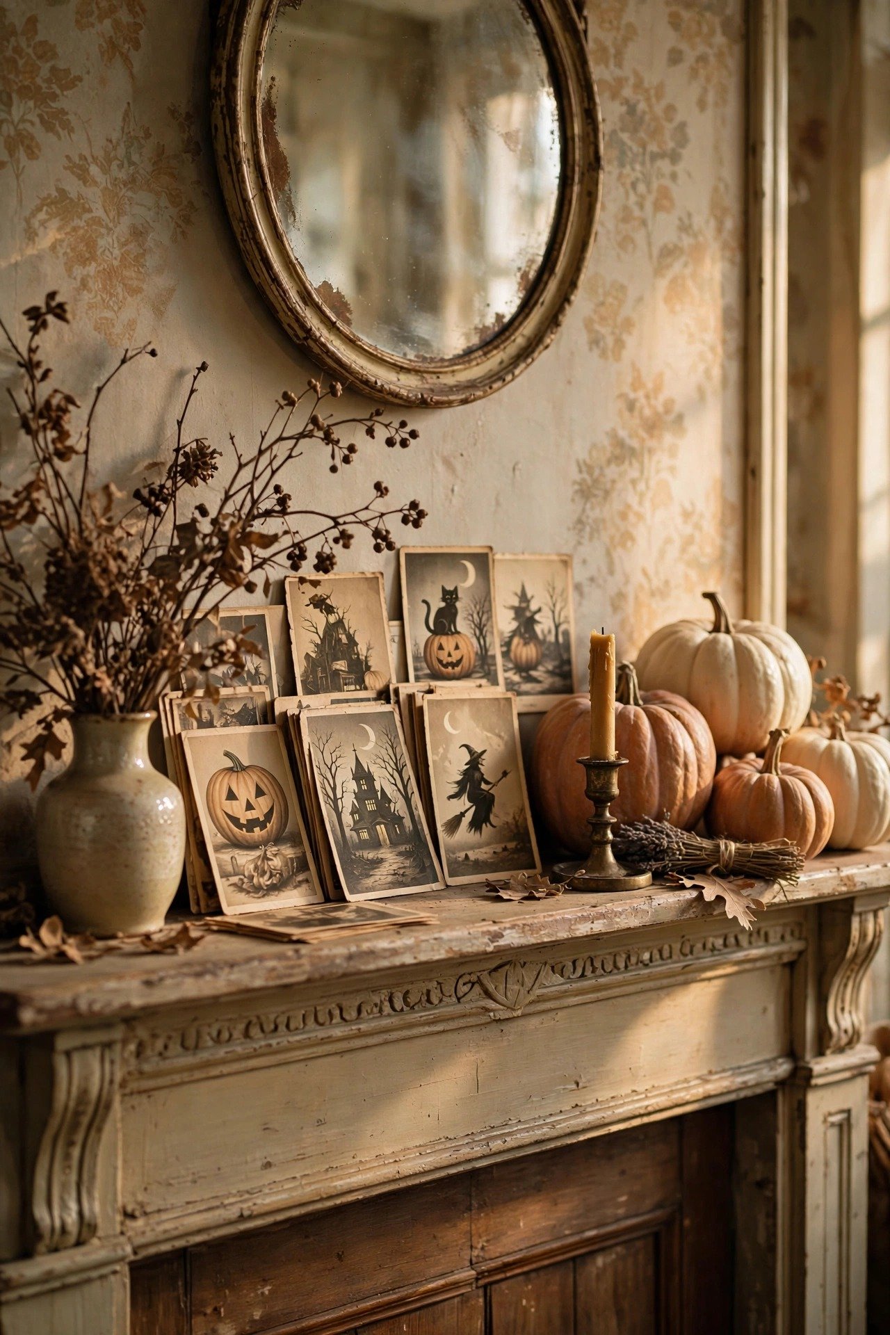 Antique mantel decorated with sepia Halloween postcards, dried branches and heirloom pumpkins in muted orange and cream