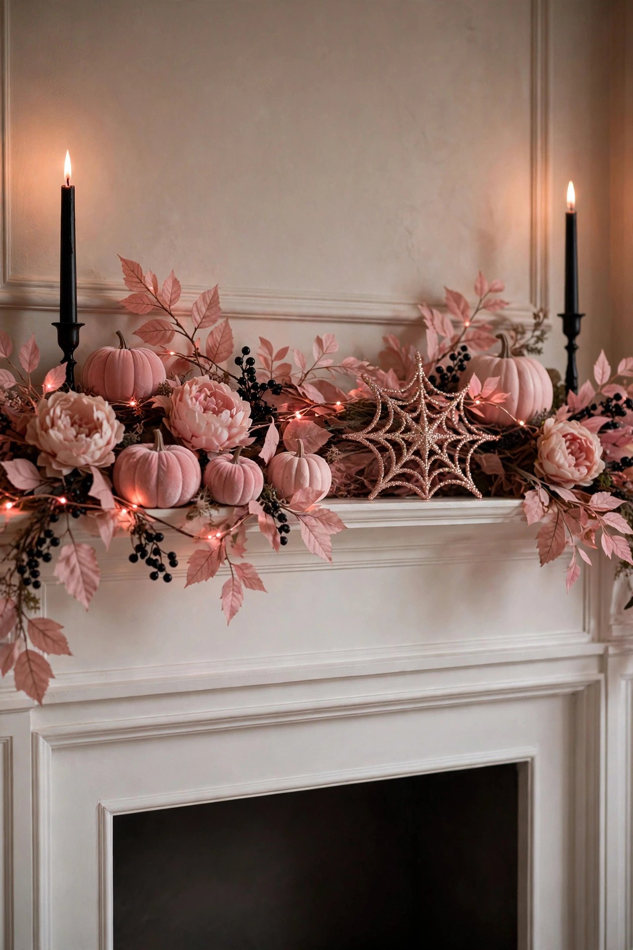 Pink Halloween mantel styled with black candlesticks, blush pumpkin garland, and glowing pink fairy lights