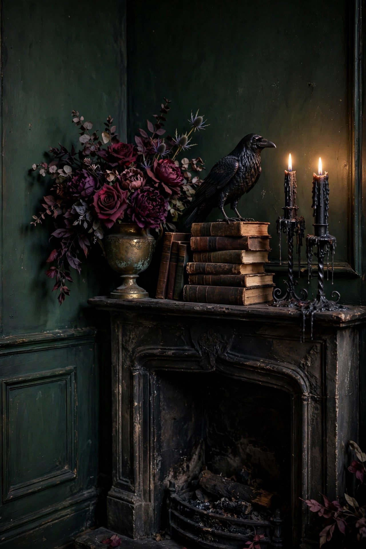 Dark gothic fireplace corner with burgundy silk florals in an aged brass urn, black taper candles in wrought iron holders, and vintage books — atmospheric moody halloween decor