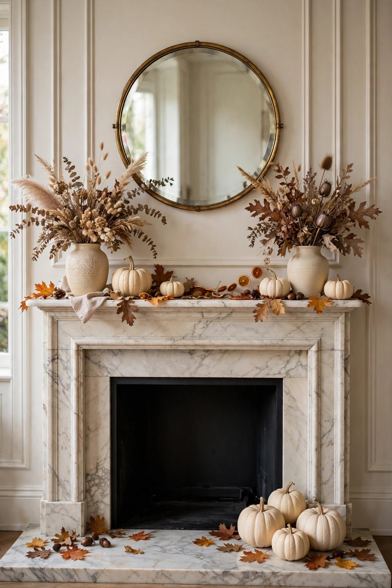 Elegant fall mantel decor with a round brass mirror above a marble mantel, dried floral arrangements in ceramic vases, scattered autumn leaves and cream pumpkins