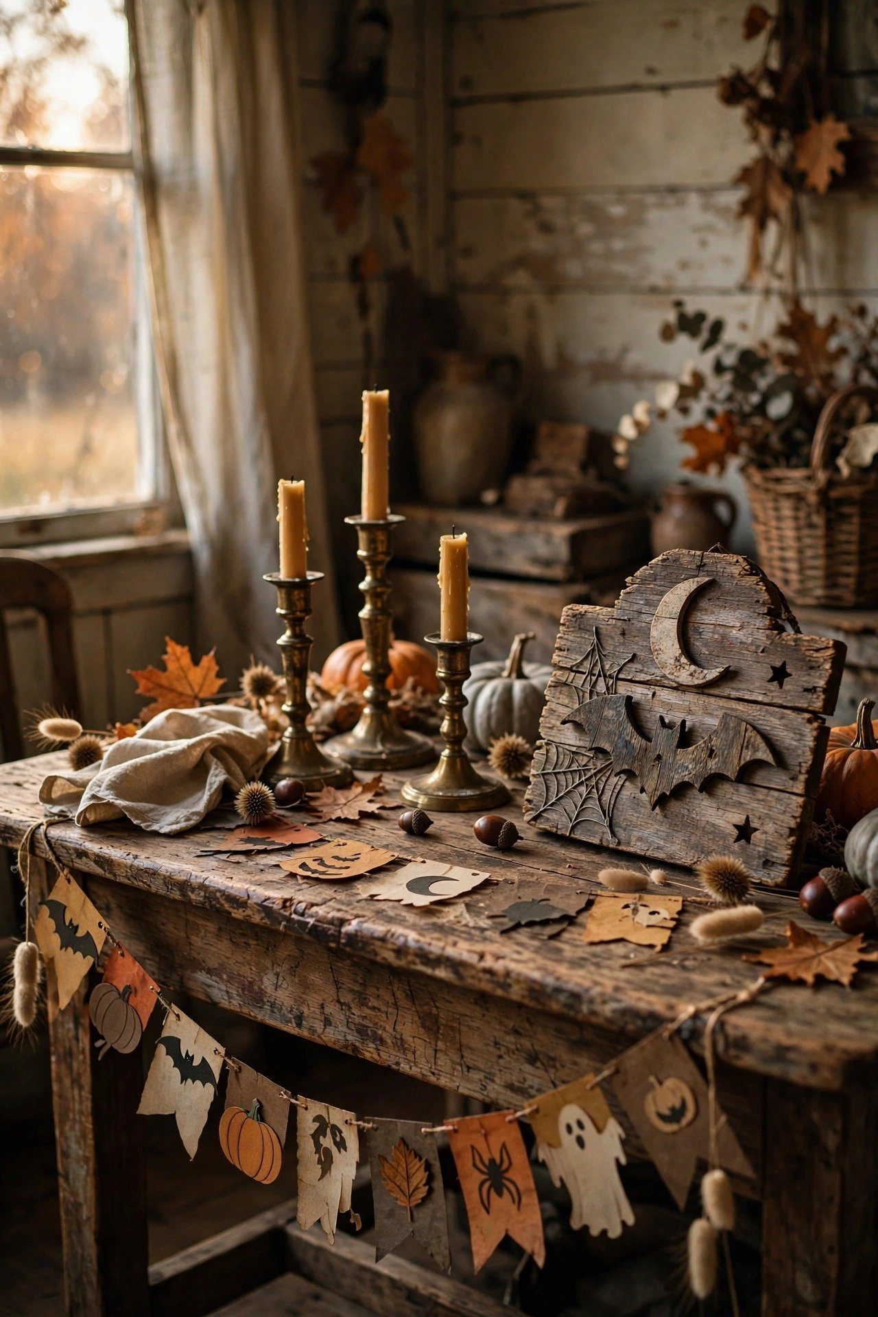 Old farmhouse table with vintage Halloween paper garlands, brass candlesticks and a weathered wooden spooky sign