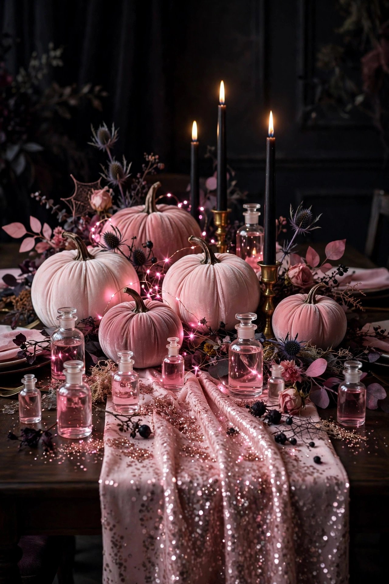 Elegant pink Halloween table centerpiece with velvet pink pumpkins, tall black taper candles, and pink fairy lights on a dining table