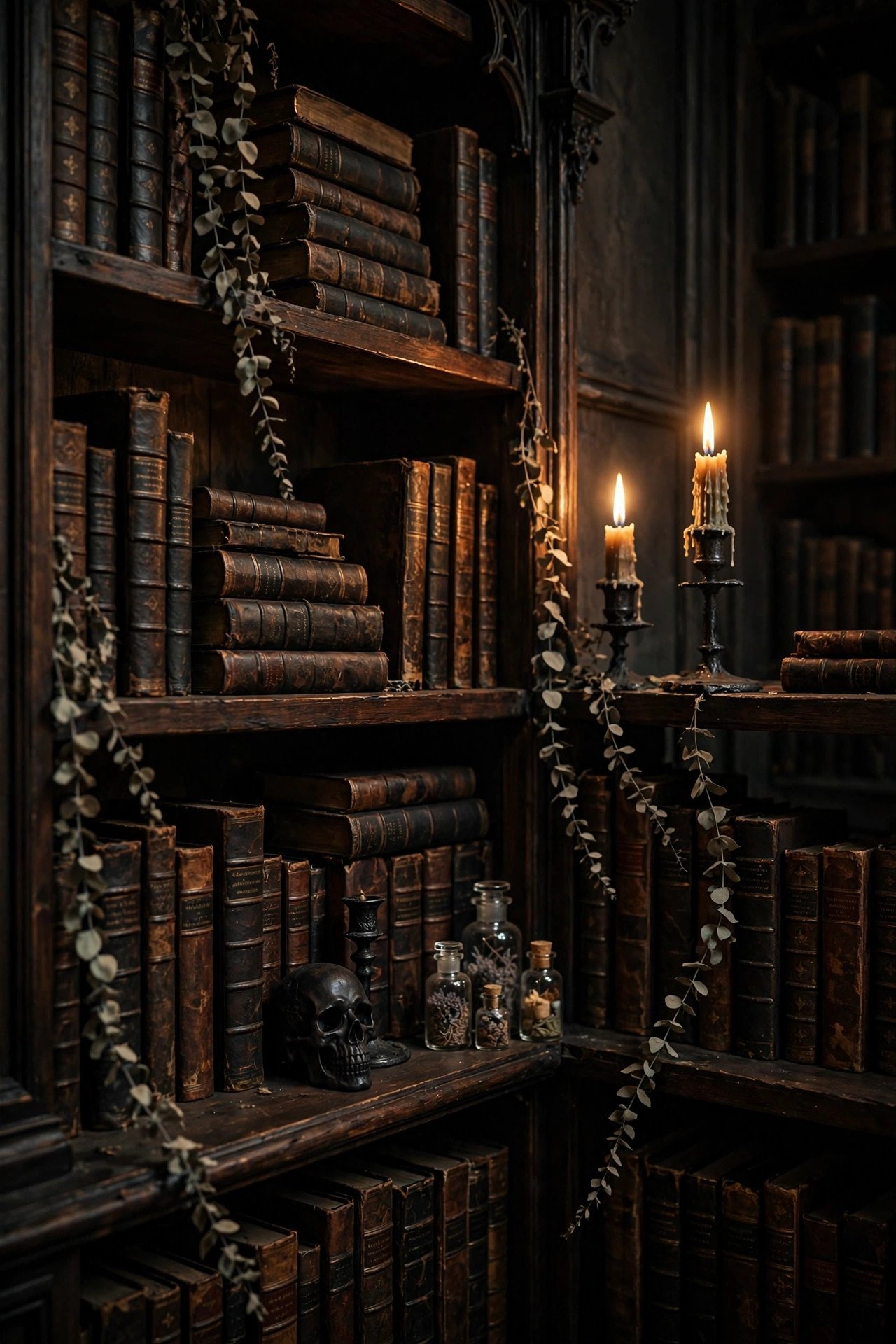 Gothic bookshelf corner styled with dark leather books, blackened metal candlesticks, tiny apothecary bottles, and trailing dried eucalyptus — dark academia moody halloween decor