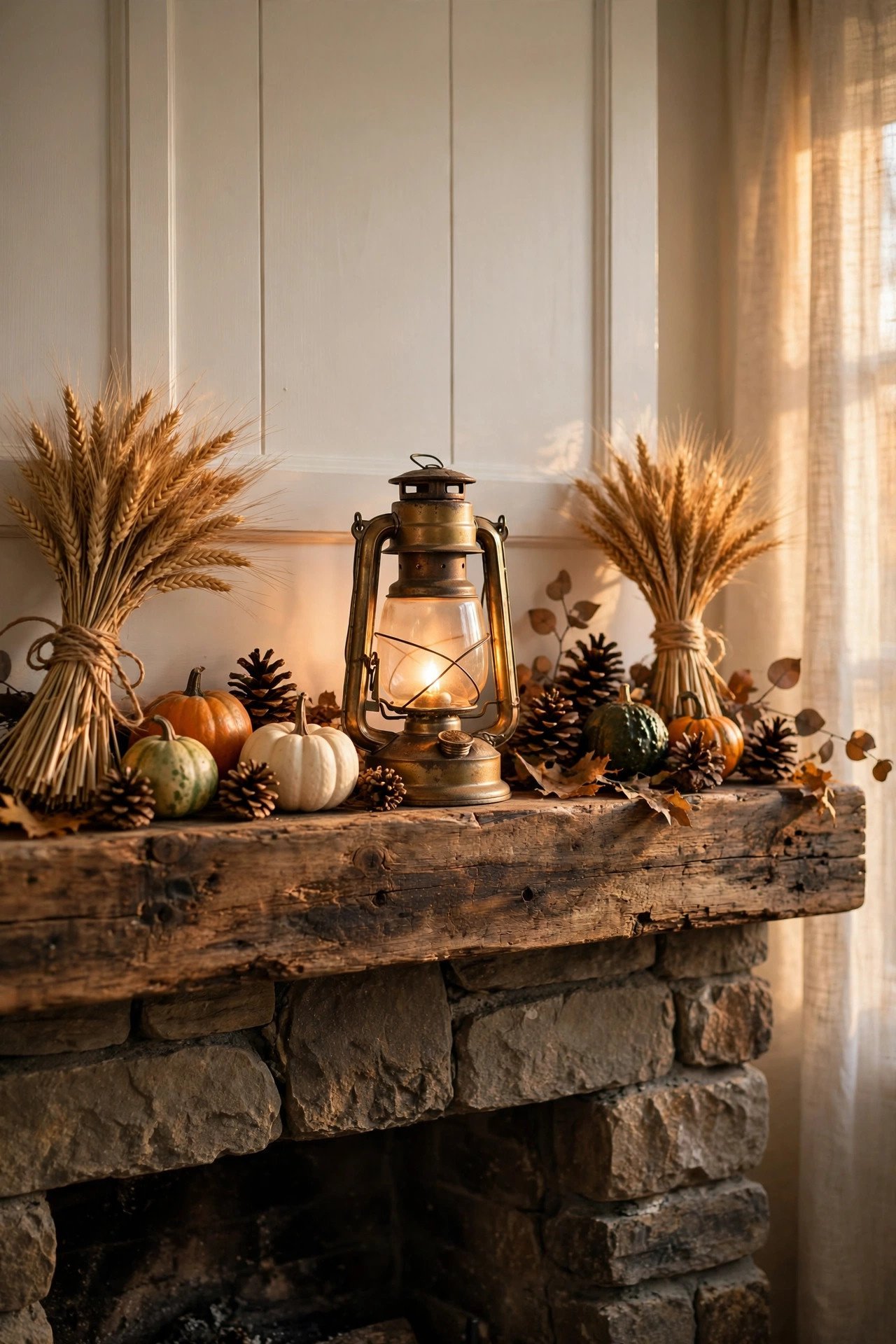 Rustic fall mantel decor with bundles of dried wheat tied with twine, a glowing vintage lantern, gourds and pinecones on a reclaimed wood mantel in golden light