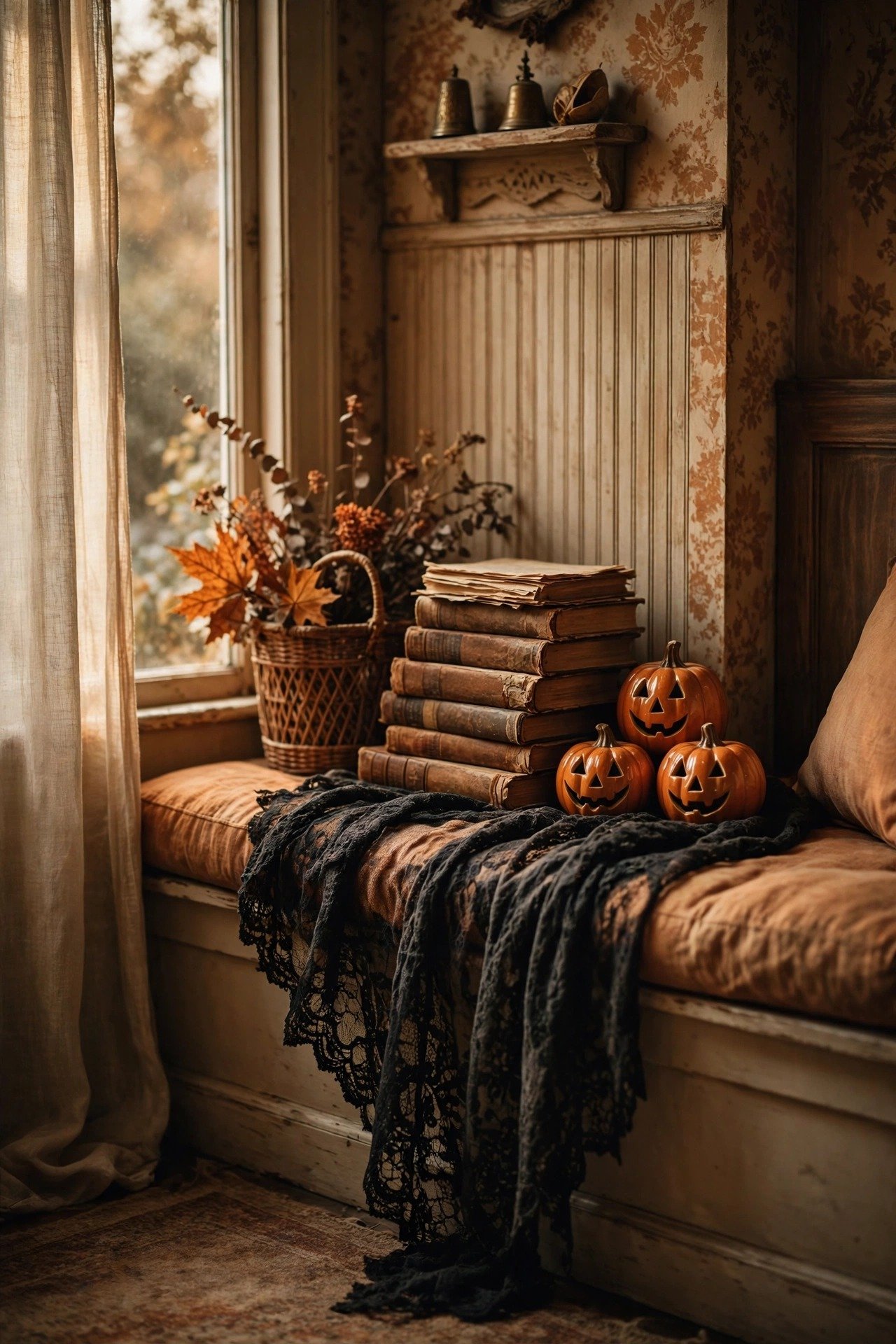 Cozy reading nook with a stack of antique books, small ceramic jack-o-lanterns and a black lace throw