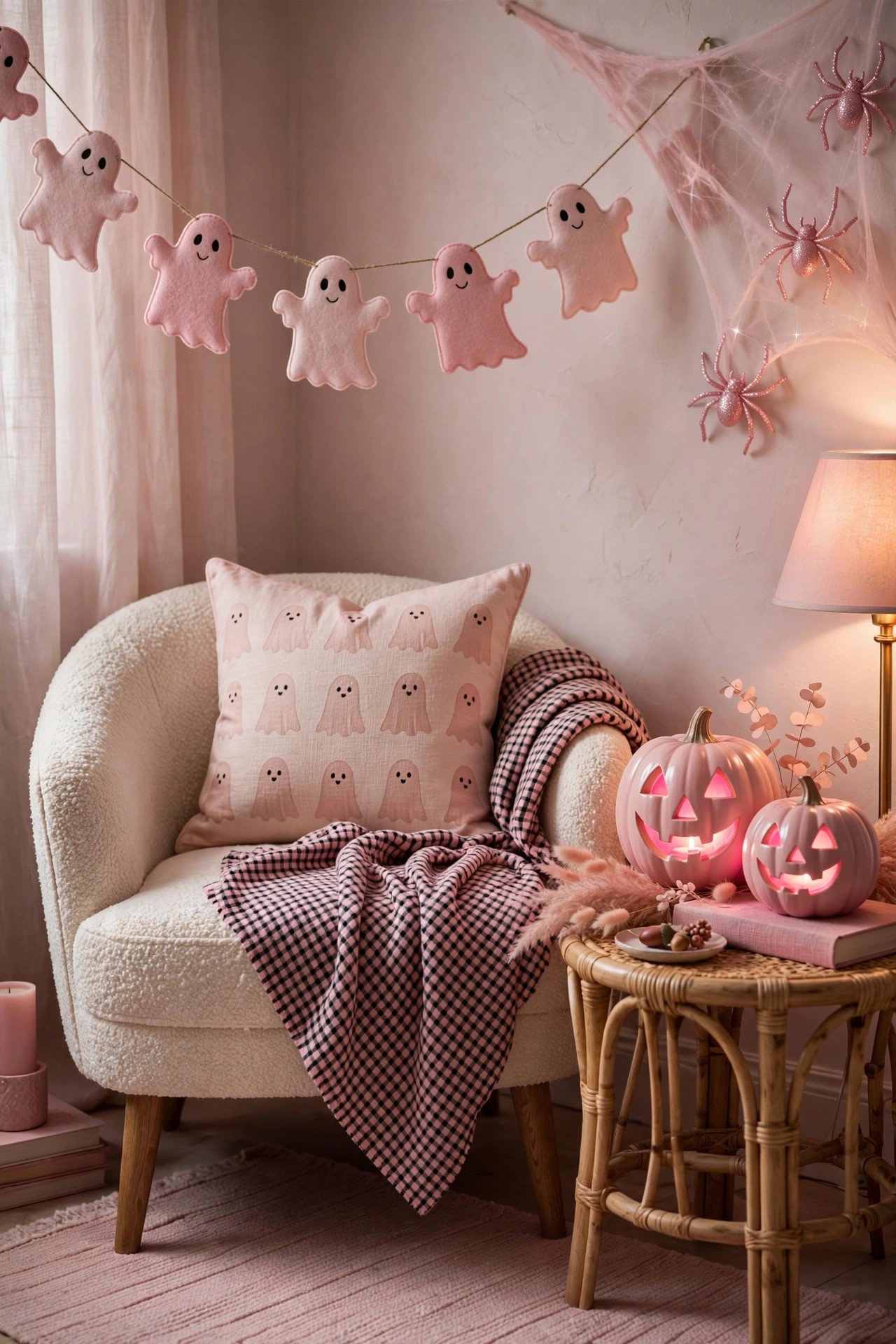 Cozy pink Halloween corner with pink checkered throw on armchair, pastel ghost garland, and glowing pink pumpkin lanterns