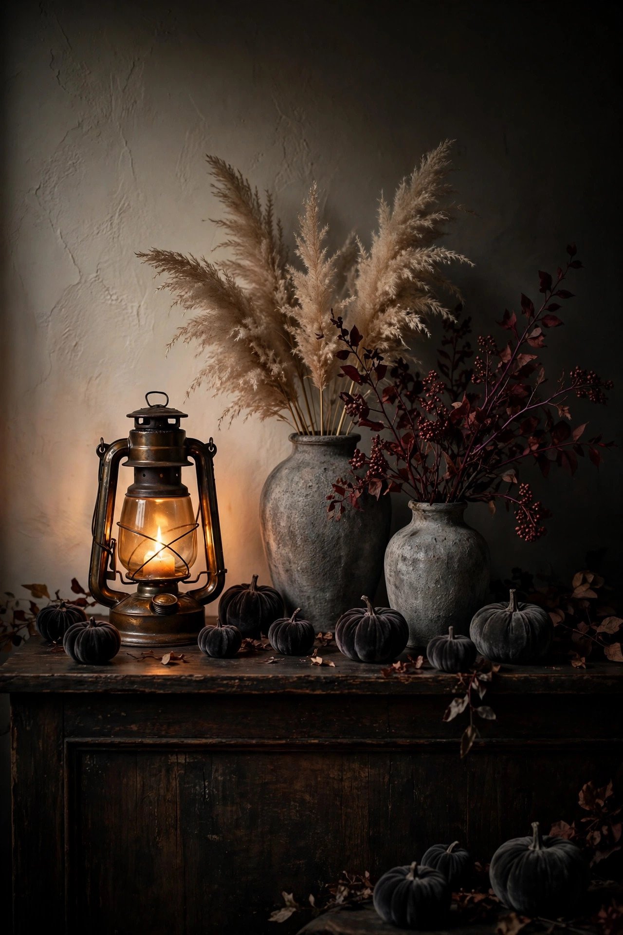 Amber lantern vignette with weathered gray ceramics, dried pampas grass and burgundy branches, and small charcoal velvet pumpkins glowing in the dark — moody halloween decor