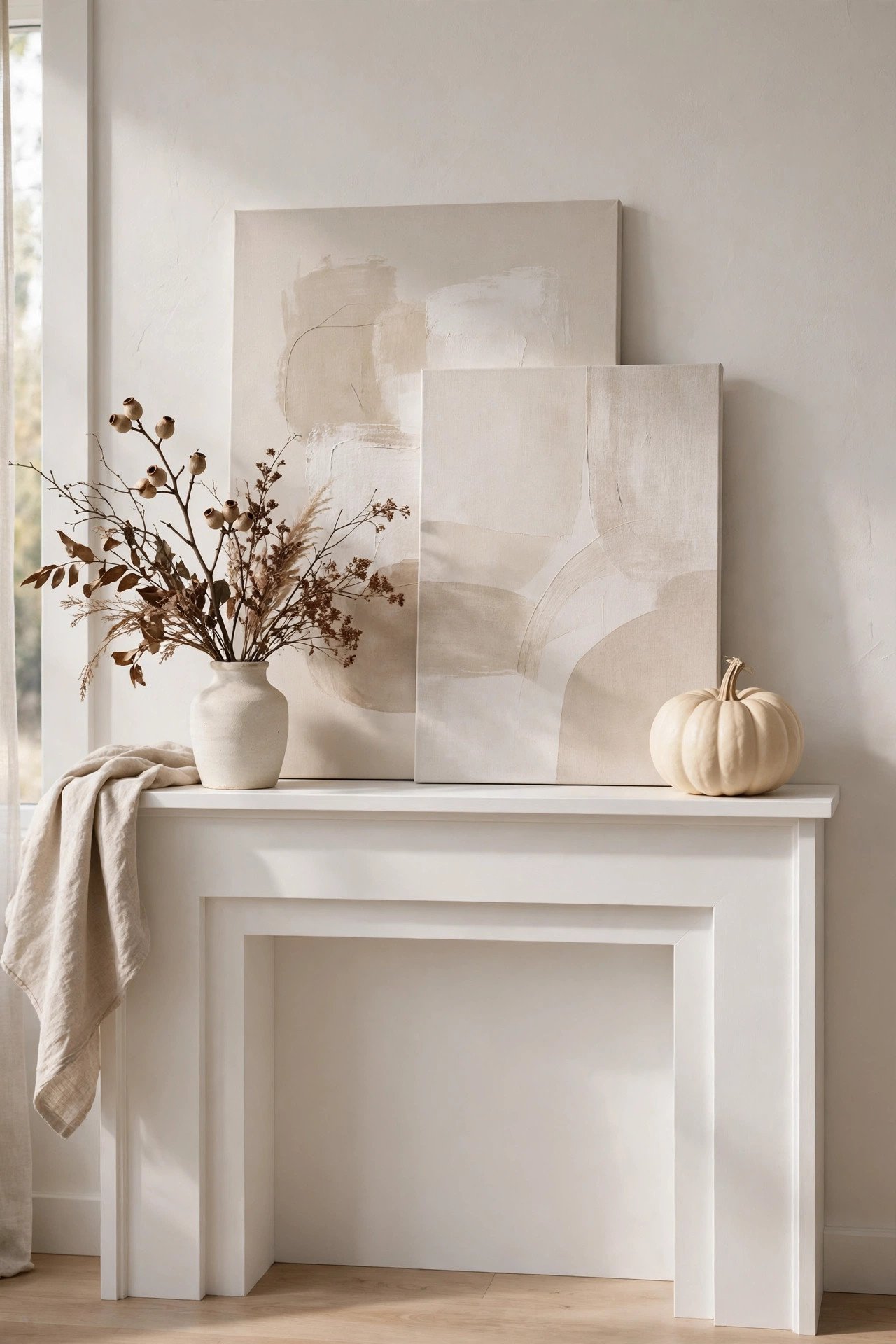 Modern minimalist fall mantel decor — single statement cream pumpkin and dried branch arrangement on a clean white mantel with layered neutral art