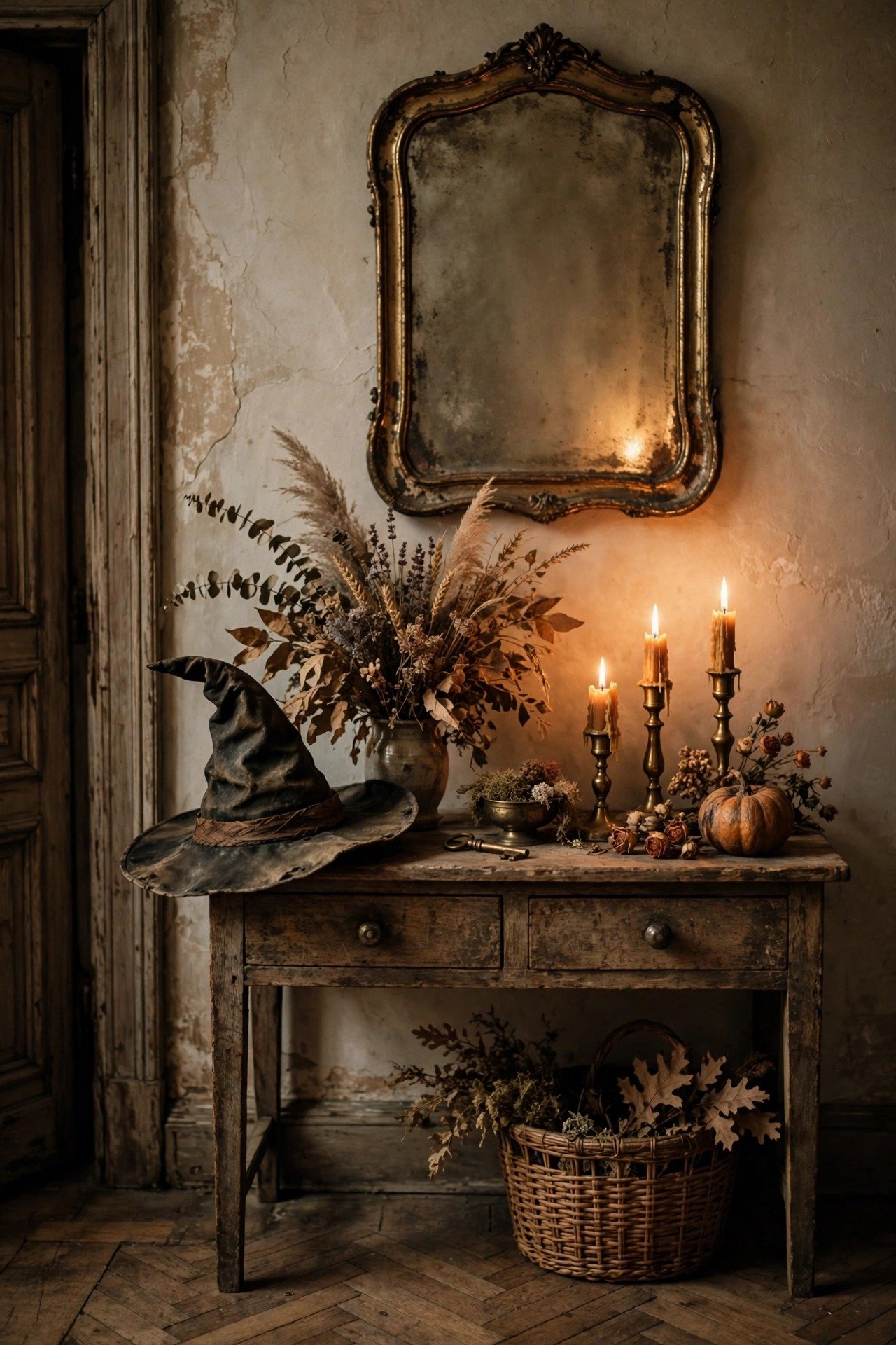 Entryway console styled with a vintage witch hat, aged mirror, dried florals and candlelight glow