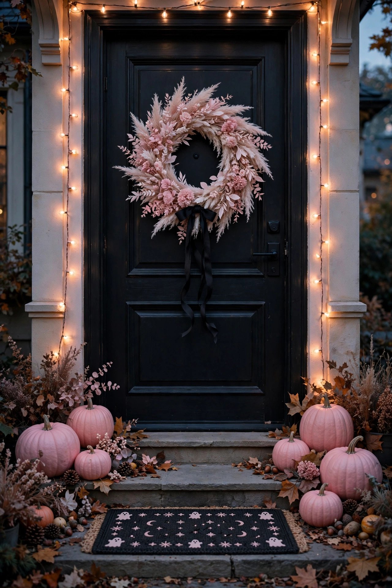 Pink Halloween door vignette with blush wreath, black ribbon, pink pumpkins flanking the entryway, and a spooky-chic doormat