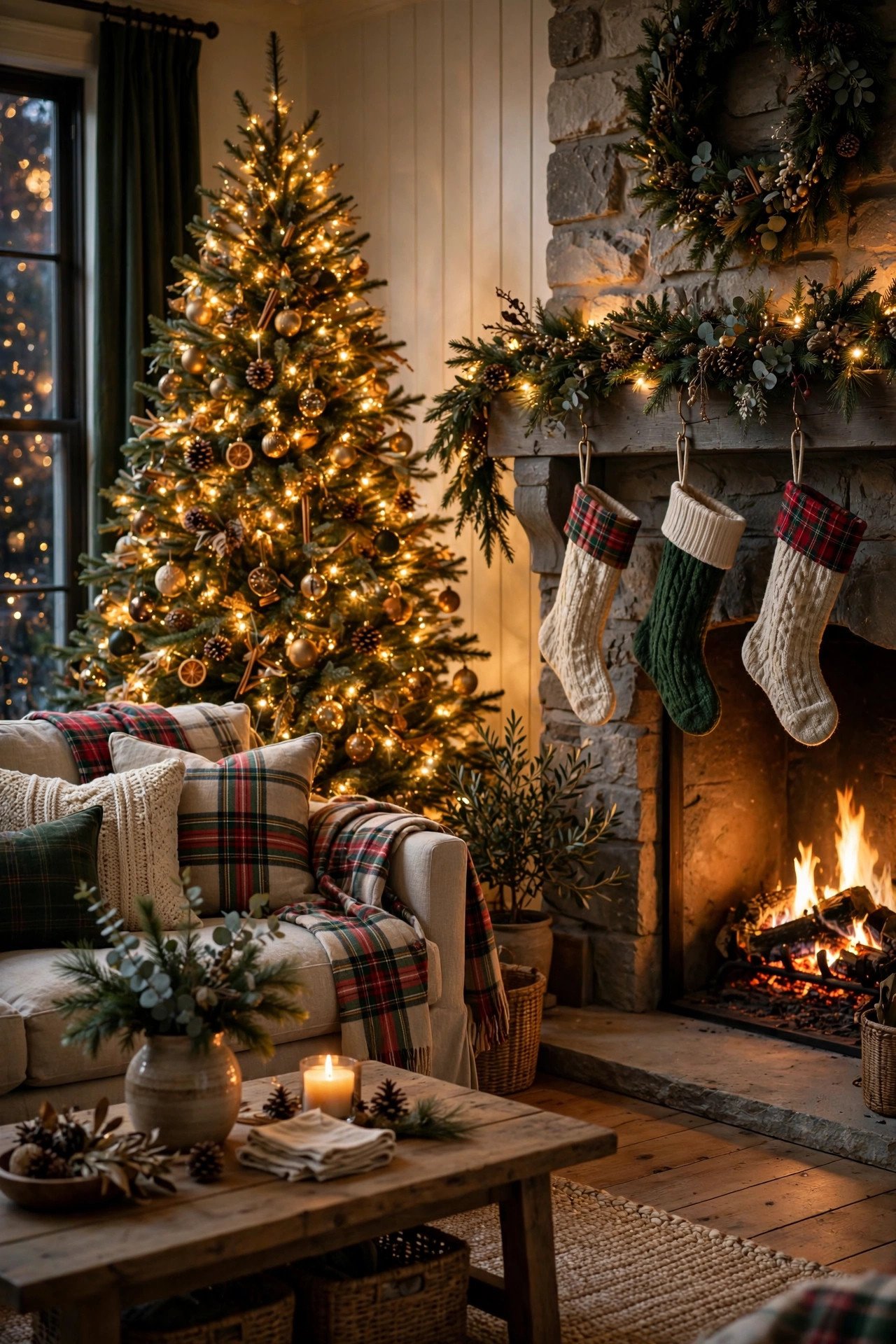 Christmas living room decor hero shot — cozy living room with a tall glowing Christmas tree, fireplace with stockings, plaid throw blankets on a sofa, warm golden lighting