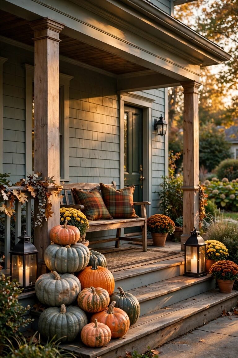Thanksgiving porch decor: welcoming front porch with stacked heirloom pumpkins, plaid throw pillows on a bench and glowing lanterns in warm golden-hour light