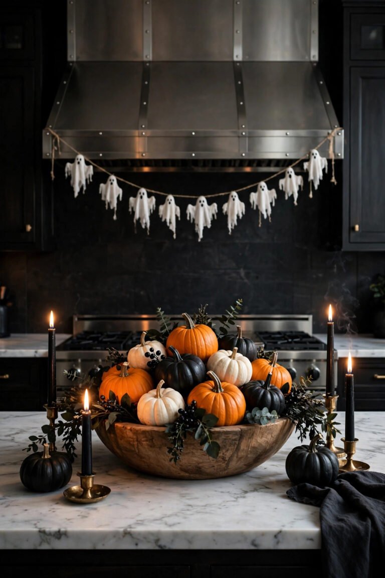 Stylish Halloween kitchen with pumpkin bowl centerpiece on the island, black taper candles, and a ghost garland draped on the range hood