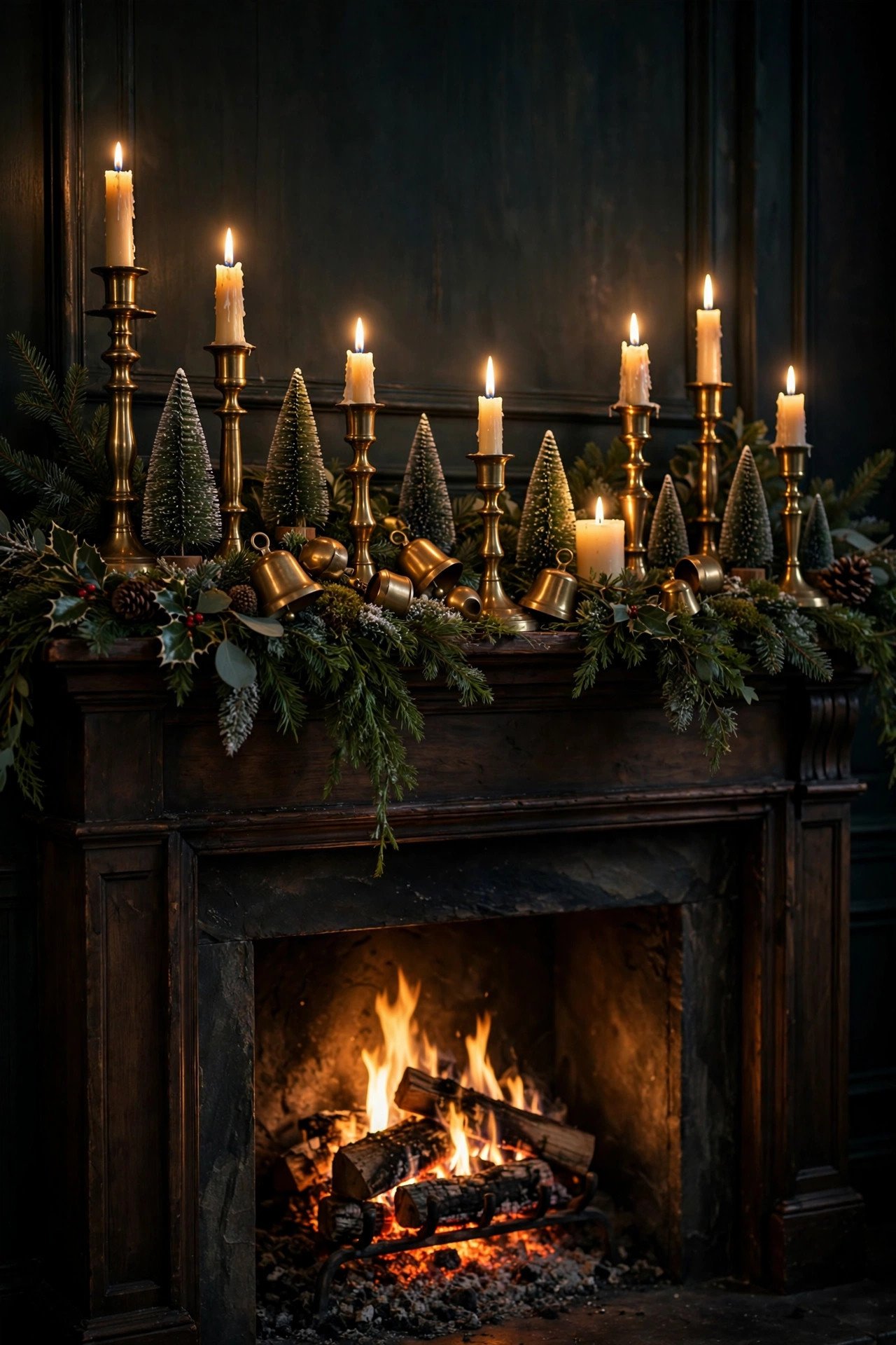 Cozy Christmas mantel decor with glowing brass candlesticks, ivory pillar candles, and fresh evergreen sprigs in a candlelit evening setting