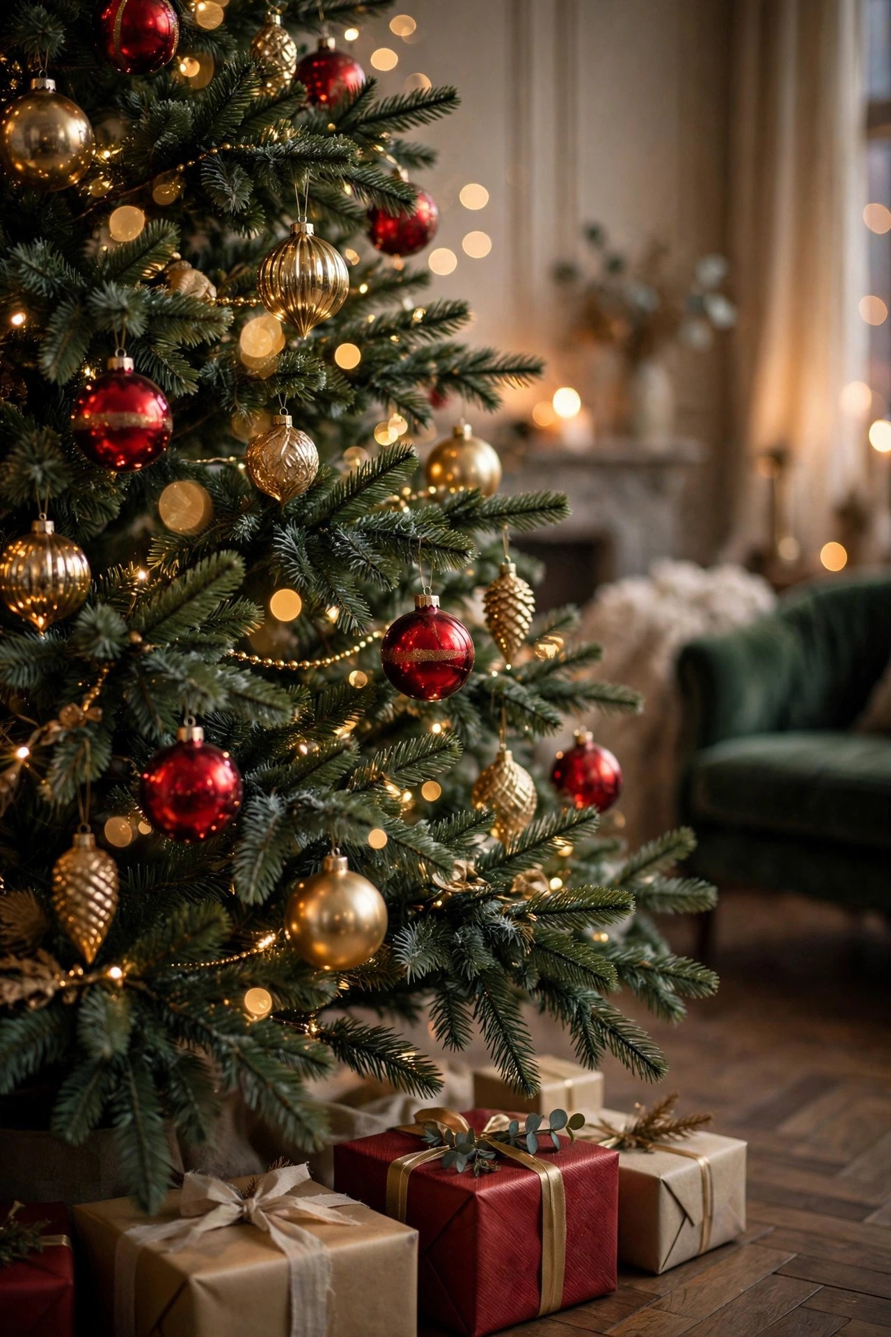 Christmas living room decor tree detail — close-up of a decorated Christmas tree with gold and red ornaments, warm lights glowing, wrapped presents underneath