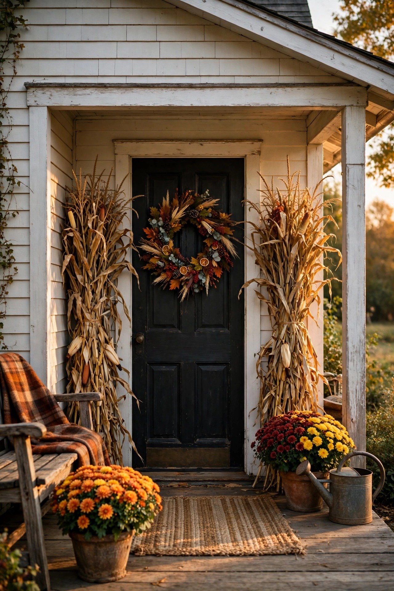 Thanksgiving porch decor: farmhouse porch with corn stalk bundles flanking the door, autumn wreath on the door and mums in planters