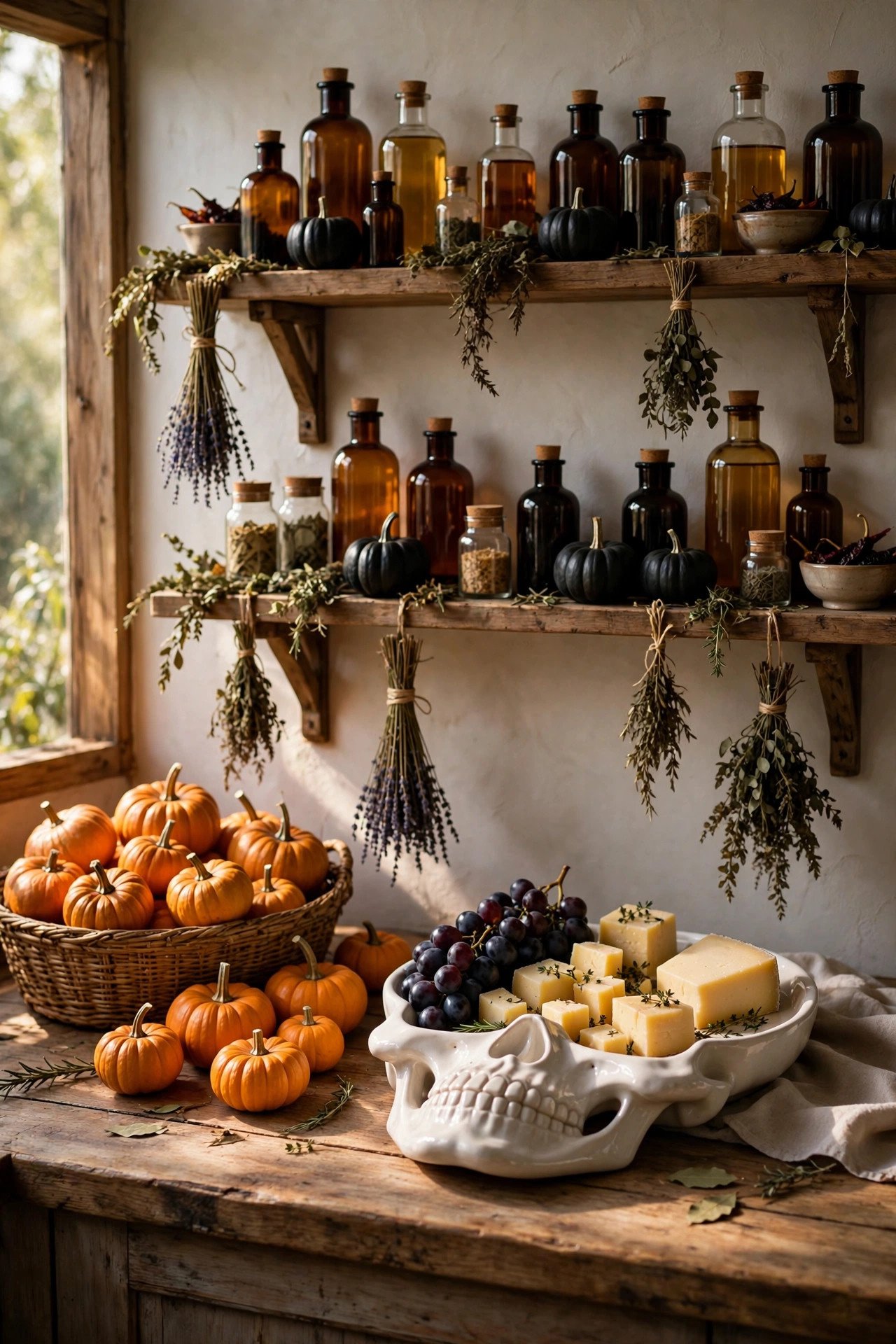 Halloween kitchen countertop styled with pumpkin bowls, a ceramic skull serving platter, and potion bottles on open shelves