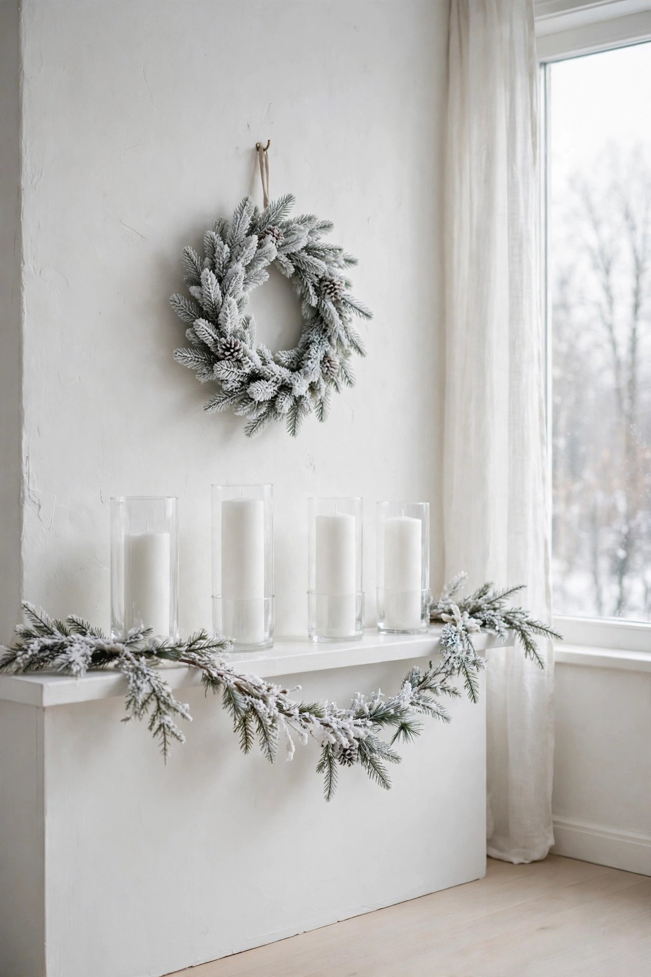 Minimalist cozy Christmas mantel decor in white with a snowy garland, white pillar candles, and a small frosted wreath