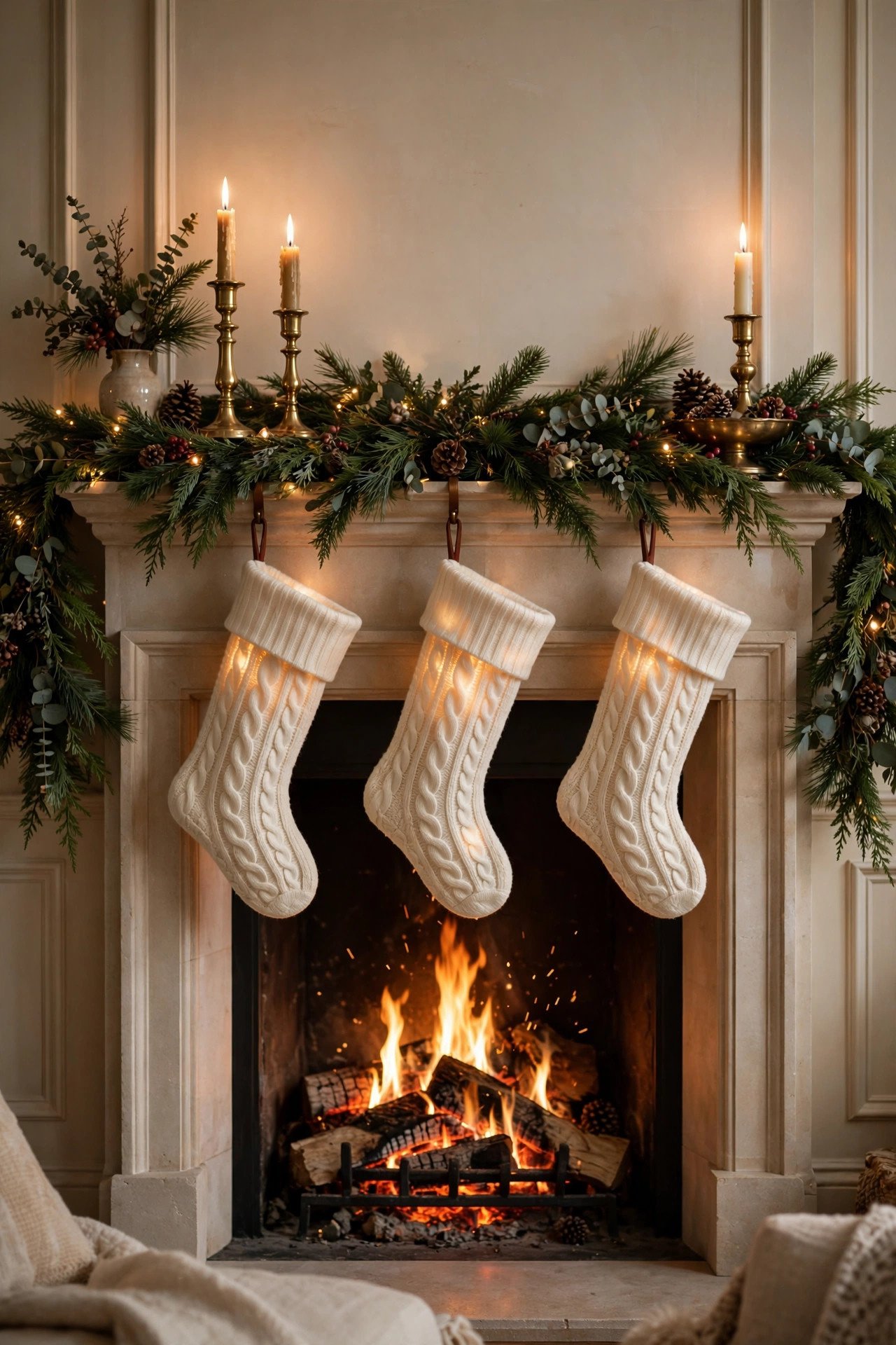 Christmas living room decor fireplace vignette — mantel with lush pine garland, glowing stockings, brass candlesticks, and a crackling fire below