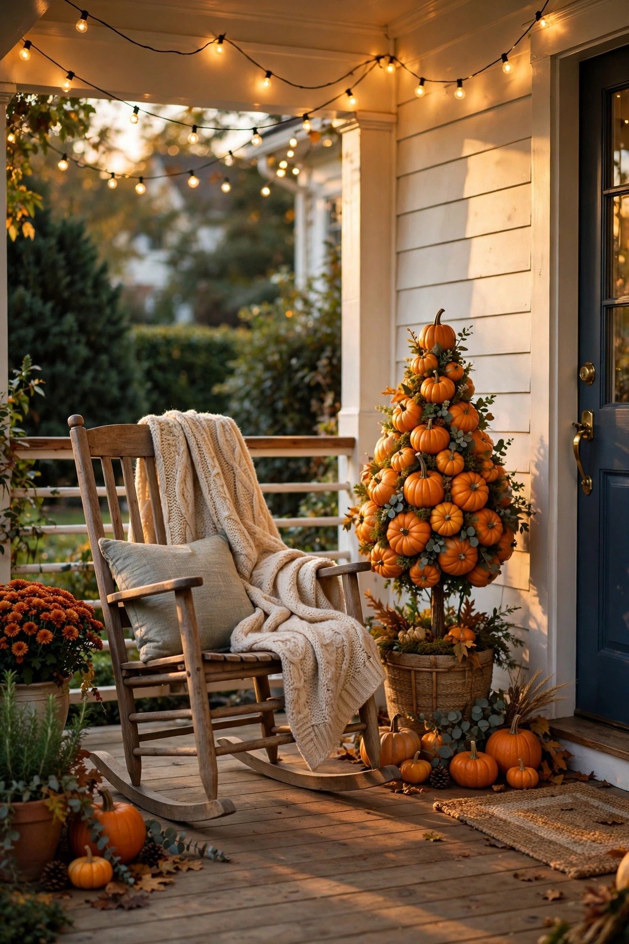 Cozy porch vignette with a rocking chair, knit blanket, pumpkin topiary and warm string lights