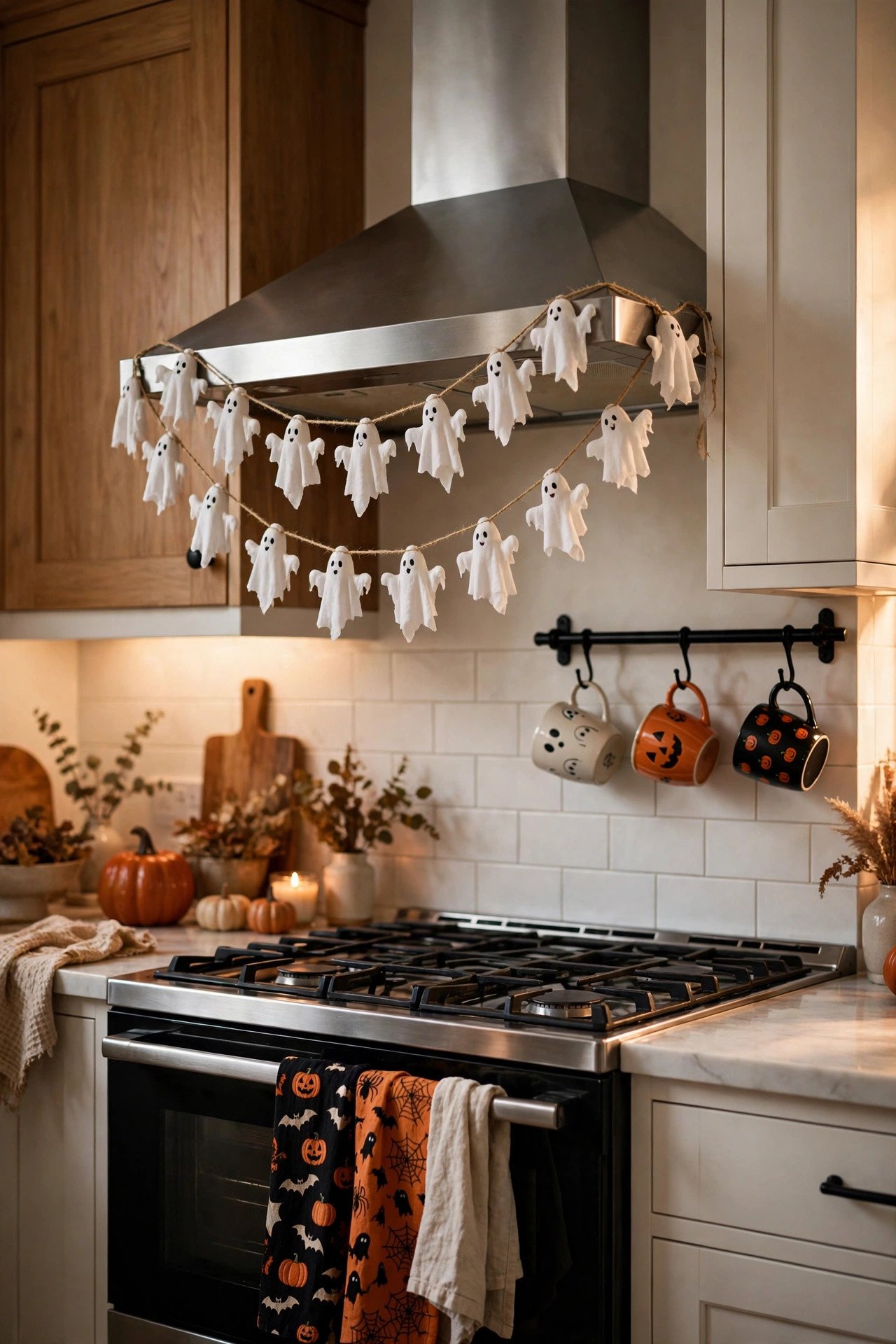 Kitchen range hood decorated with a white ghost garland, spooky Halloween dish towels, and themed mugs on hooks