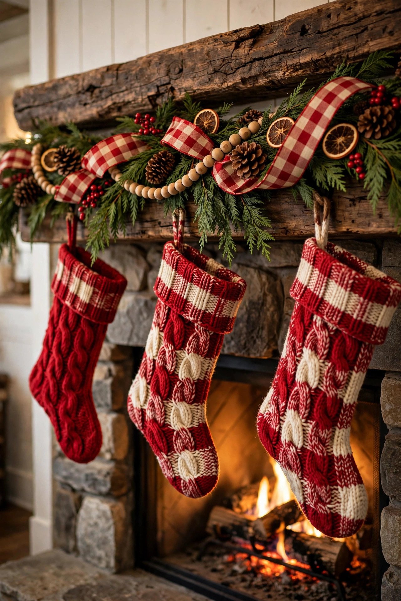 Farmhouse cozy Christmas mantel decor with plaid ribbon, knit stockings, dried orange slices, and pinecones on a rustic wood mantel